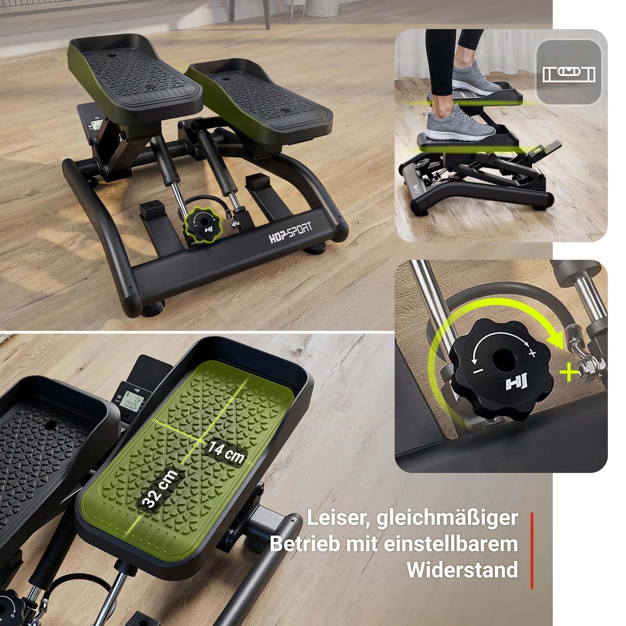 HOP Sport® Mini-Stepper für Zuhause 2 in 1 Up-Down Stepper HS-050B, Hometrainer für Zuhause mit LCD-Display, Fitnesstrainer leise rutschfest einstellbare Stufen, Trainingsgerät bis 110 KG