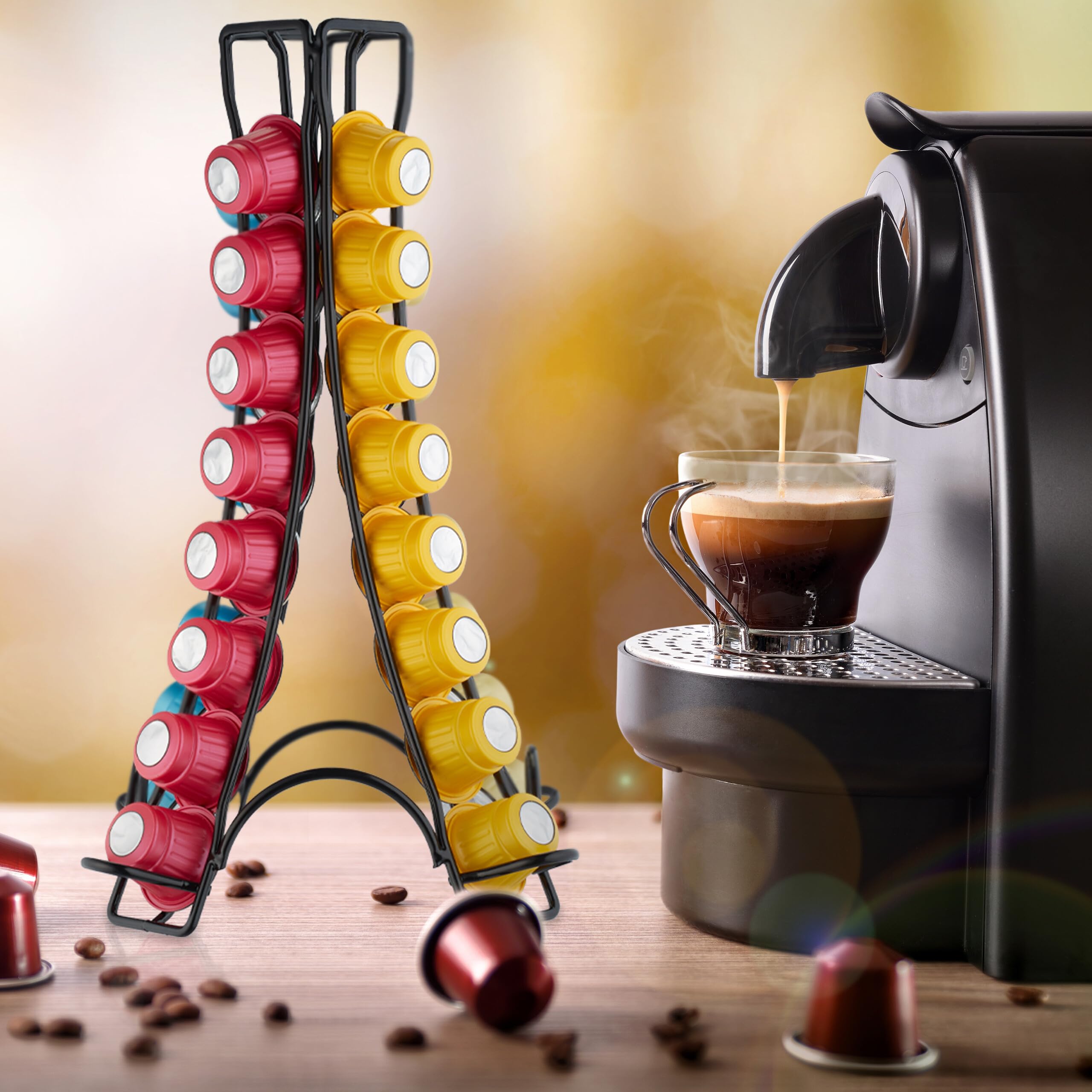 Relaxdays Uchwyt na kapsułki kompatybilny z Nespresso, 32 kapsułki, metalowy stojak na kapsułki, wys. x szer. x gł.: 30 x 21,5 x 21,5 cm, czarny