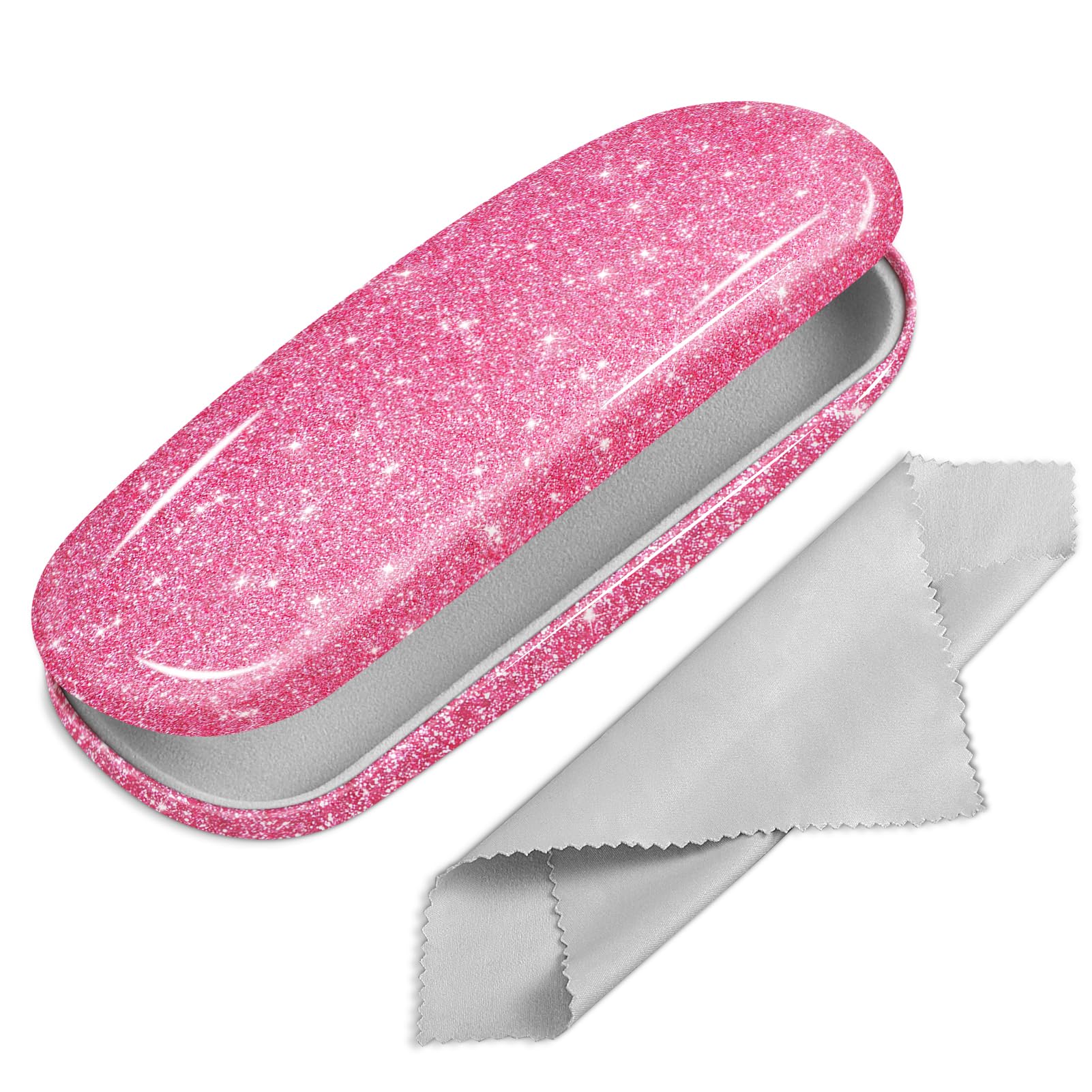 FINTIE Hard Shell Eyeglasses Case, Portable Protective Glasses Cover Eyeglass Holder Box with Cleaning Cloth for Men Women, Glittering Pink, S
