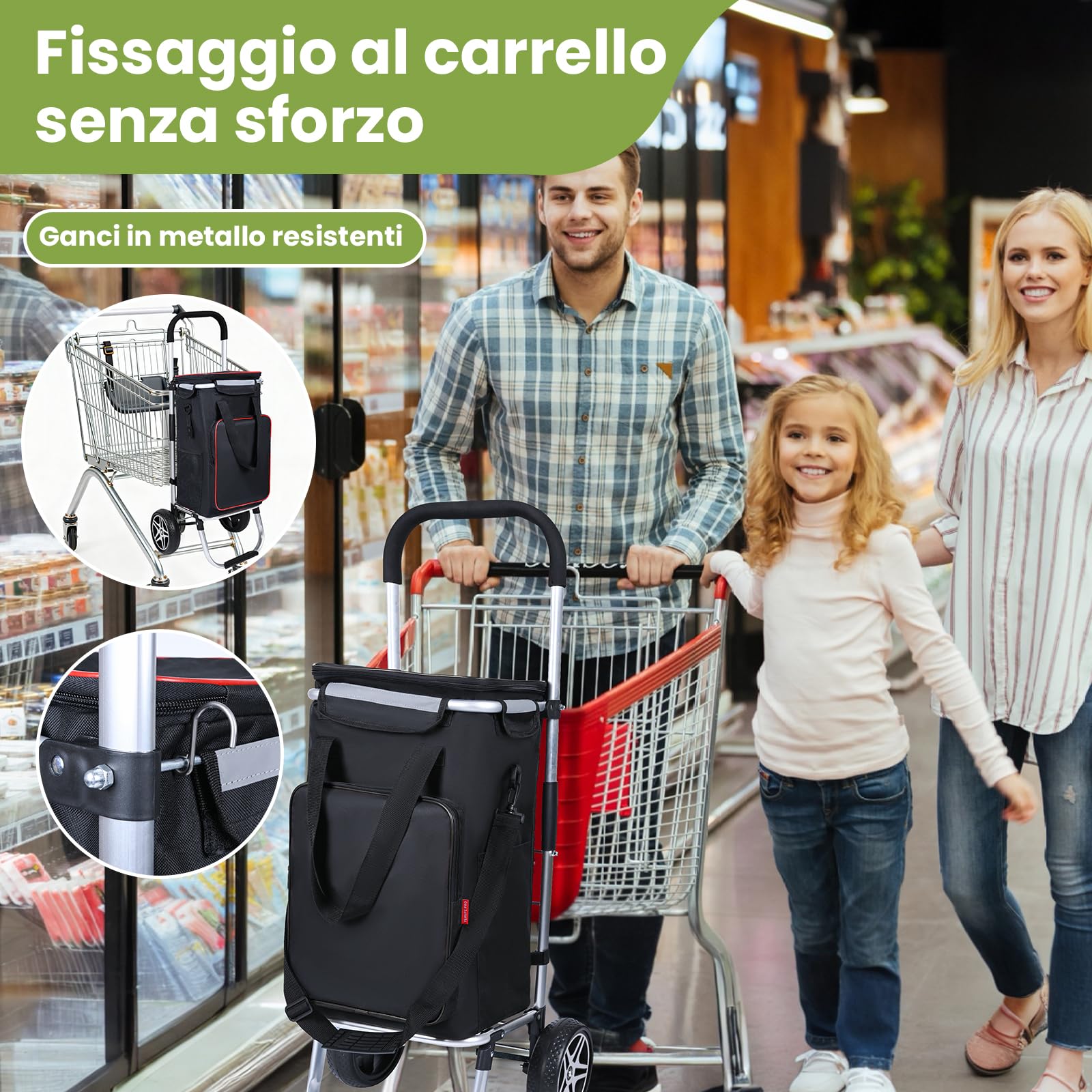YEAUPE PRO Carrello Spesa Pieghevole 3 in 1 con Compartimento Isotermico - Capacità 50L, Carico Massimo 25kg - Ruote Silenziose, Impermeabile, Facile da Montare e Trasportare - Nero