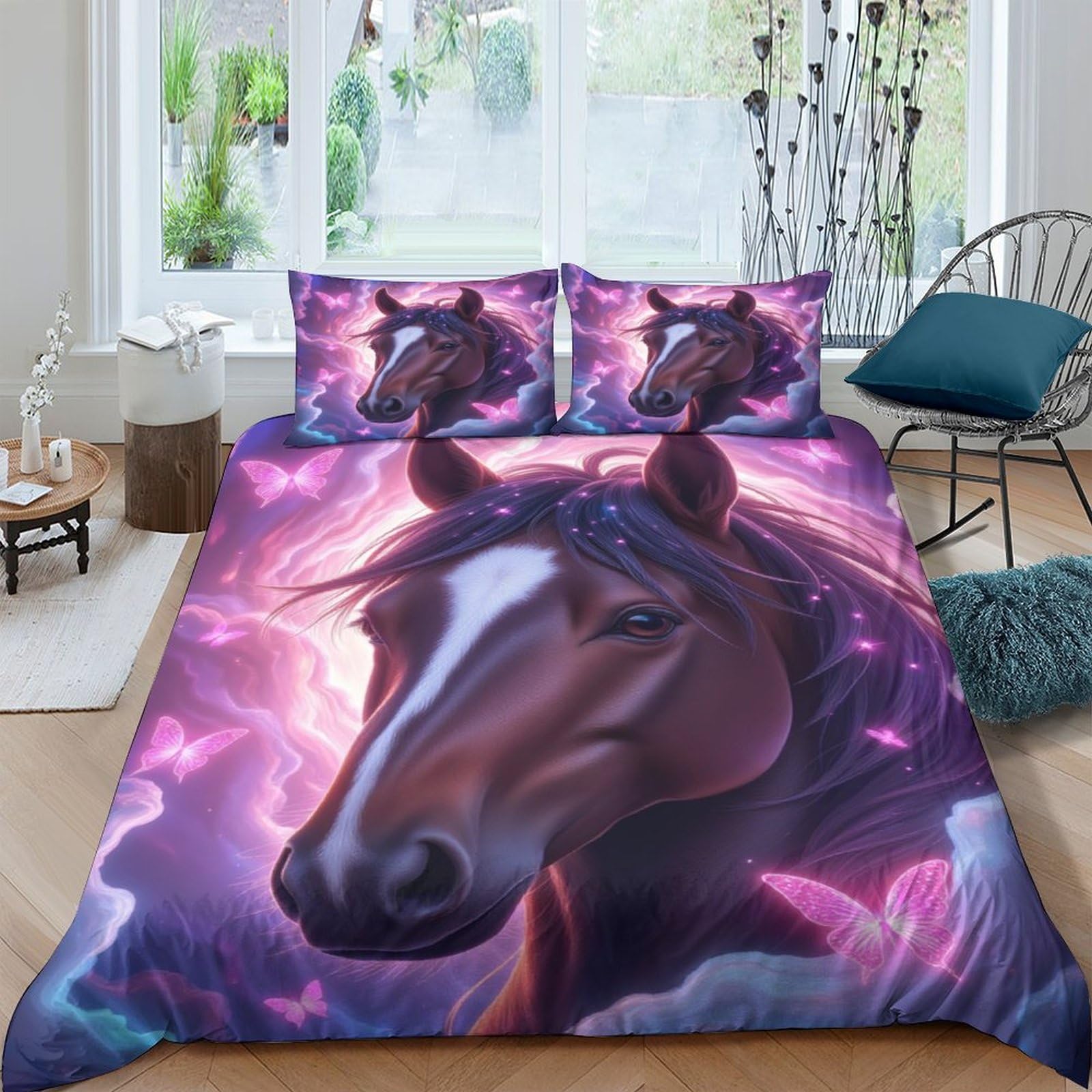 Ctjqhvkz Style-4 3D Printed Majestic Horse Fitted Sheet Microfiber Soft Purple Fantasy Bed Cover For Bedroom Dorm Mattress Protection Decor Single（135X200cm）