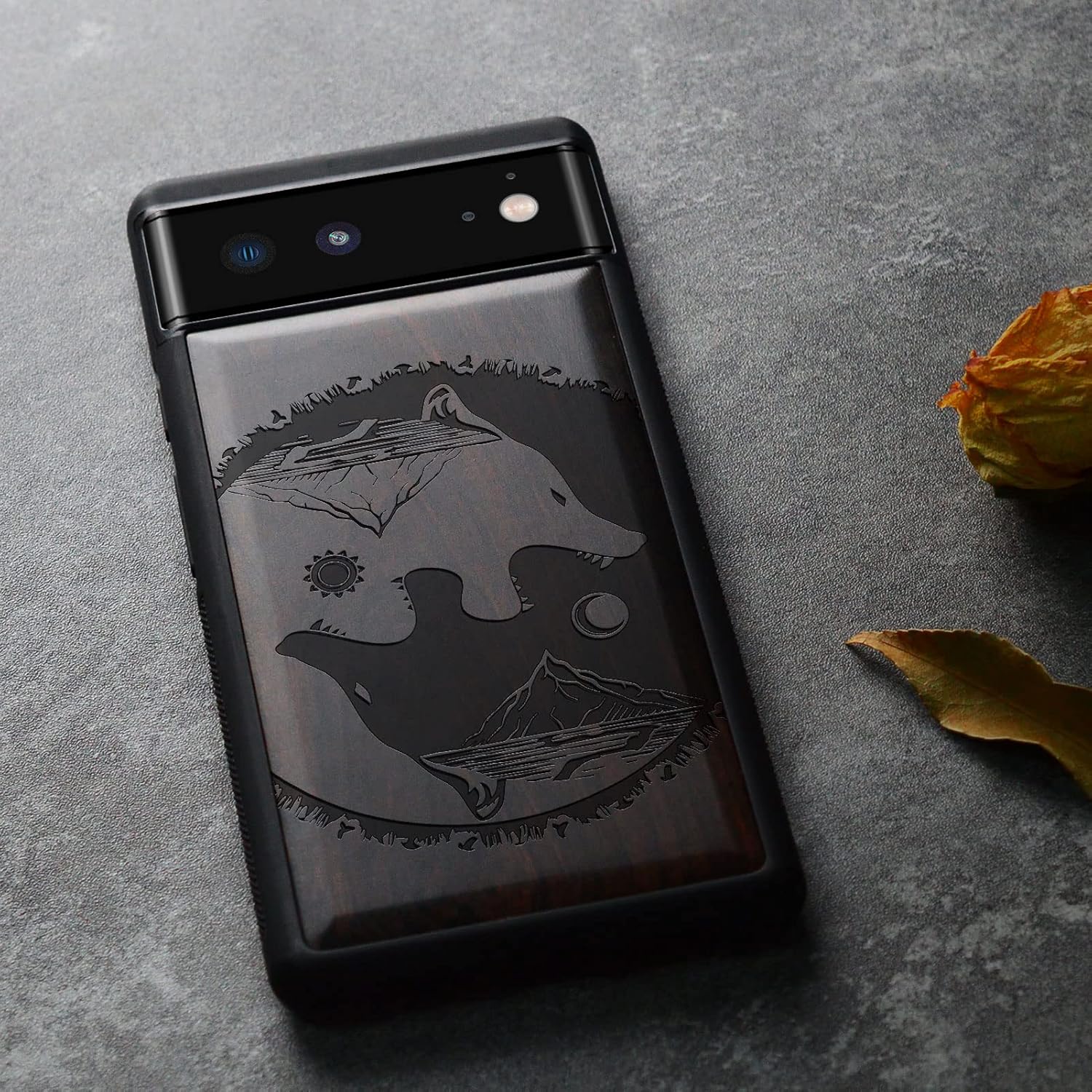 Carveit Wood Case for Pixel 6 Case [Natural Wood & Black Soft TPU] Shockproof Protective Wooden Cover Compatible with Google Pixel 6 (Wolf-Tai Chi-Rosy)