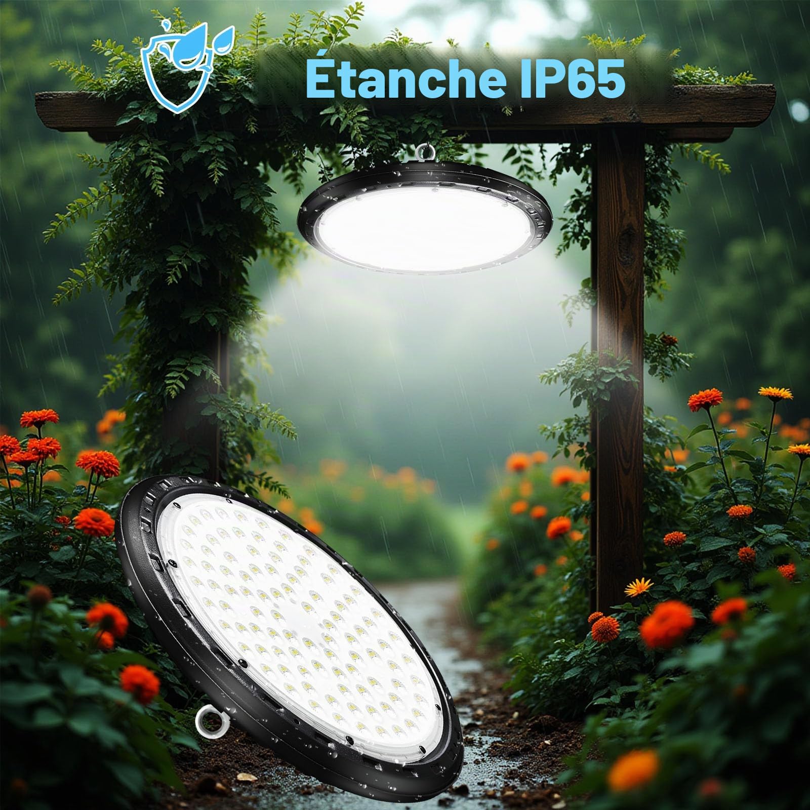 200W UFO High Bay Lumière, Lampe Eclairage Atelier, 20000LM Projecteur LED Industriel, 6500K Éclairage Garage IP66, pour Parking, Chantier, Entrepôt, Usine, Cour
