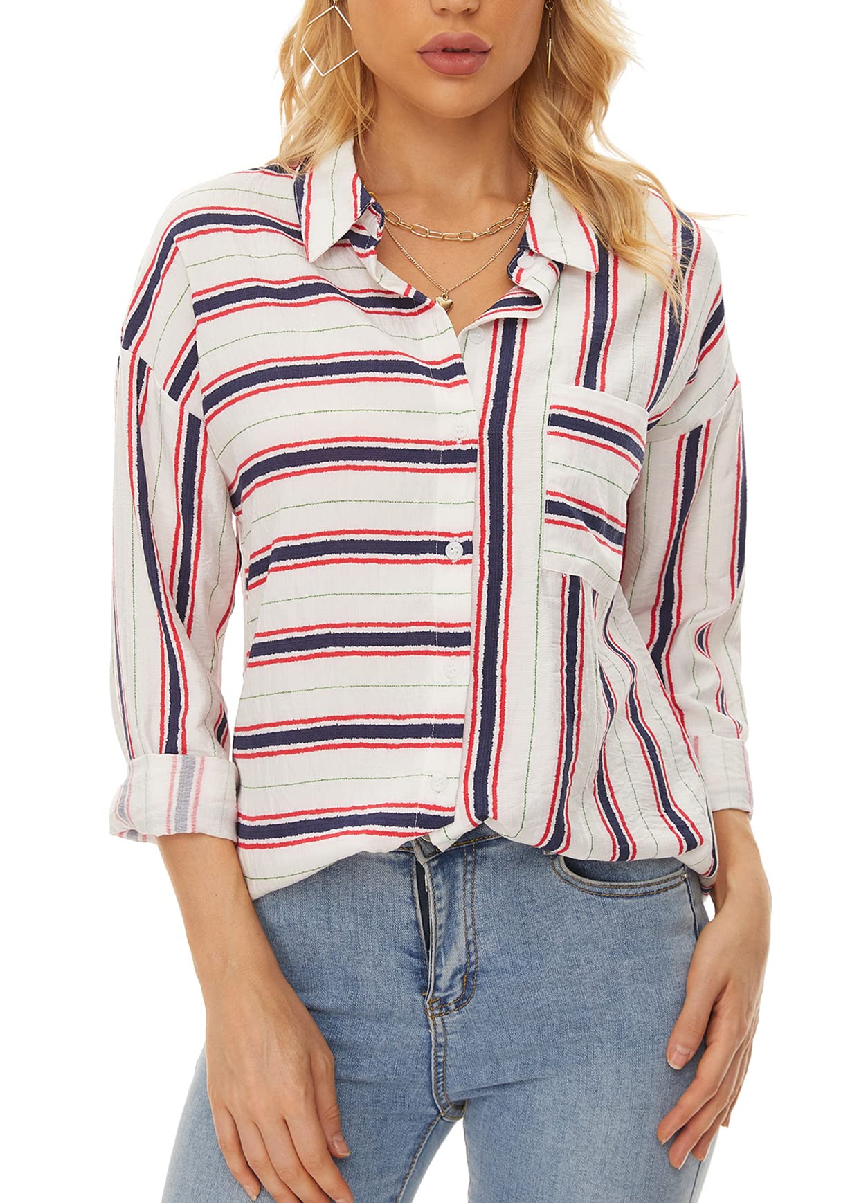 VIISHOWWomens Casual Button Up Shirts V Neck Long Sleeve Button Down Blouses Top with Pockets