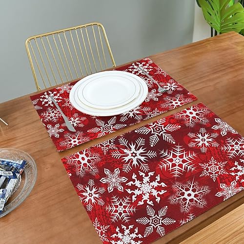 Miniatura 4 de Juego de 6 manteles individuales navideños con patrón rojo navideño con copos de nieve y flores, manteles individuales para mesa de comedor, cocina,