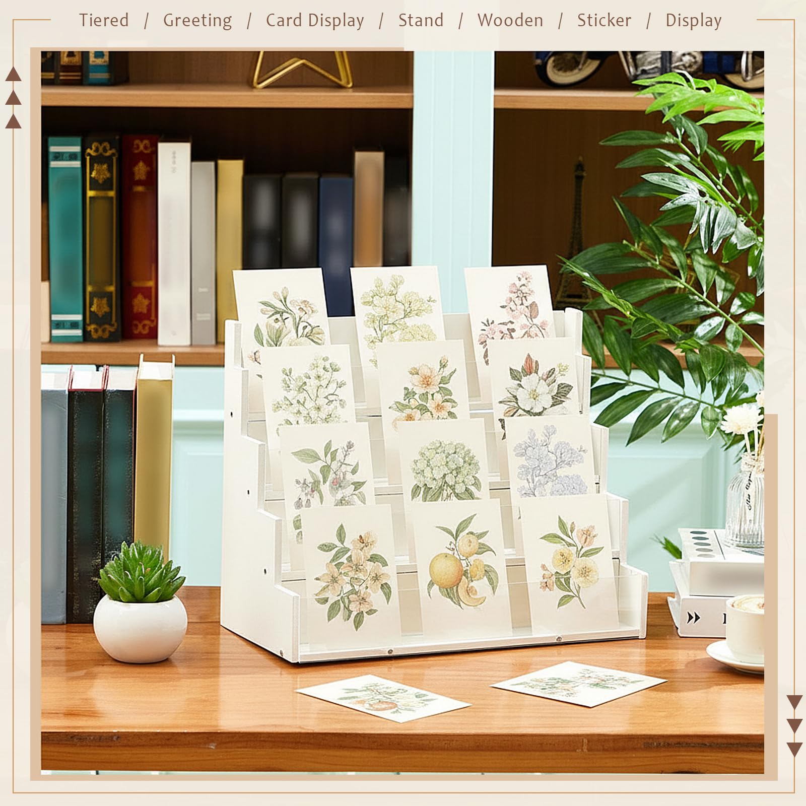 Yuntau Présentoir de cartes de vœux en bambou et acrylique - Présentoir pour cartes de vœux, photos, cartes de vœux - Présentoir pour vendeurs, salons artisanaux (blanc, 4 niveaux)