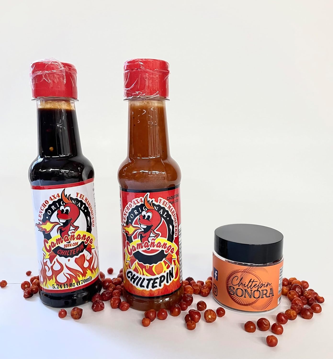 (3 pack) Chiltepin Sonora Jar, La Camananga Roja y Negra Salsa Seafood Sauce La Original by Lencho 4x4 and Marisquero from Guasave Sinaloa, 5 oz.