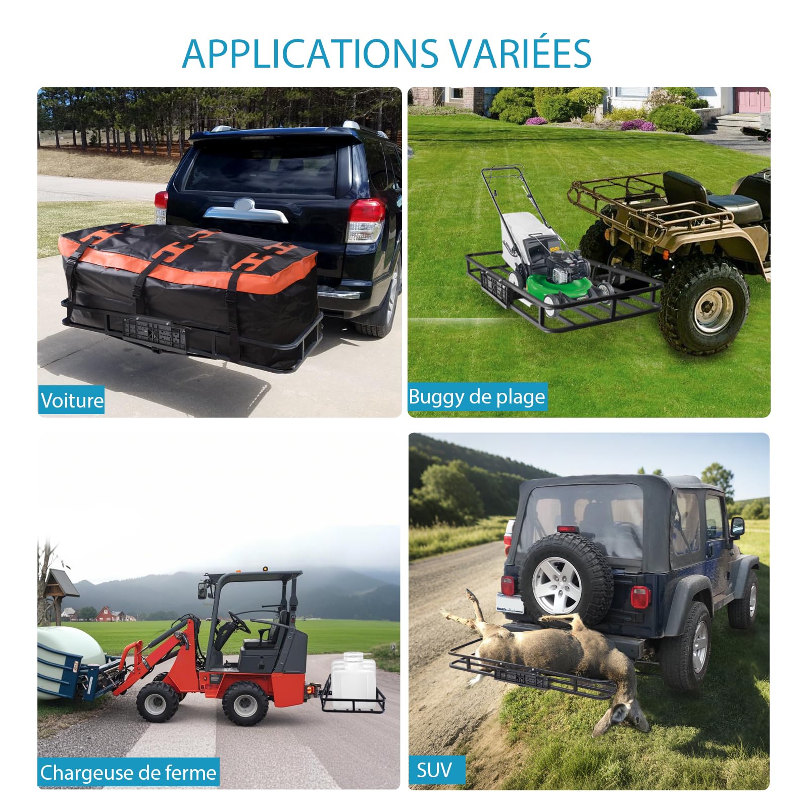 Porte-Bagages arrière pour attelage 120×61×15 cm, Porte-Charge arrière, Compatible attelage remorque, pour ATV/Quad, Voiture et SUV