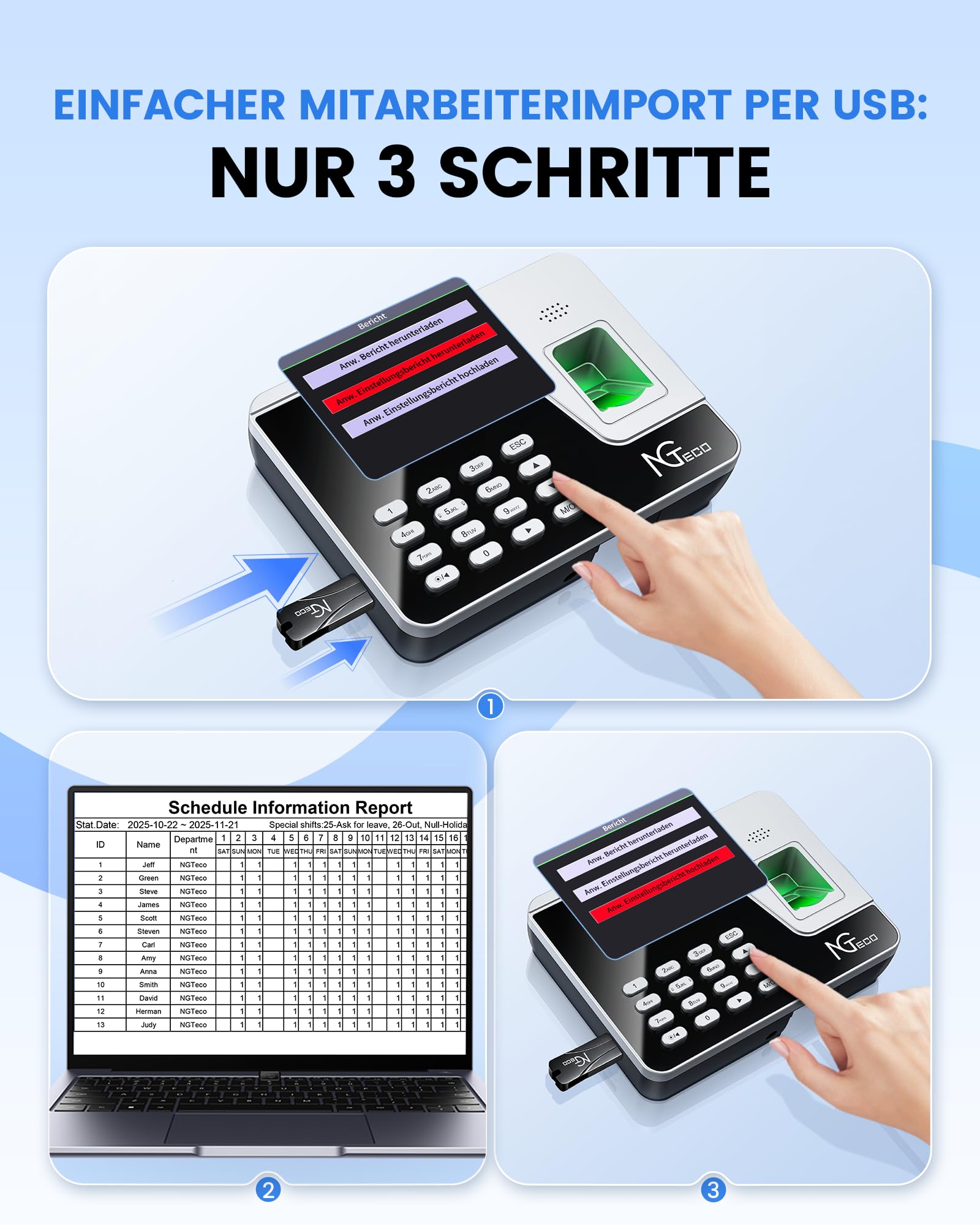NGTeco Zeiterfassungsgerät für Mitarbeiter (Fingerabdruck + PIN), Standalone Stechuhr, Kein WiFi/Software/Monatliche Kosten, Deutsch