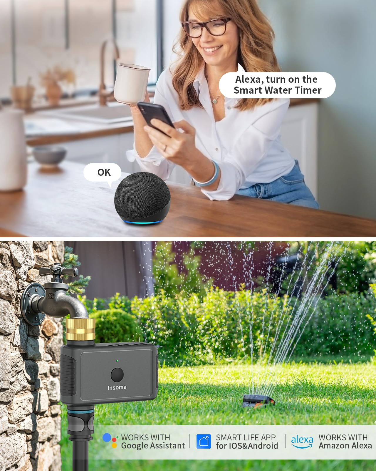 WLAN-Schlauch-Timer mit Messingeinlass, intelligenter Wasser-Timer 1 Zone, Sprinkler-Timer mit WiFi-Hub für Fernbedienung über 2,4 GHz WLAN, Sprach-/App-Steuerung mit Alexa & Google Assistant, für
