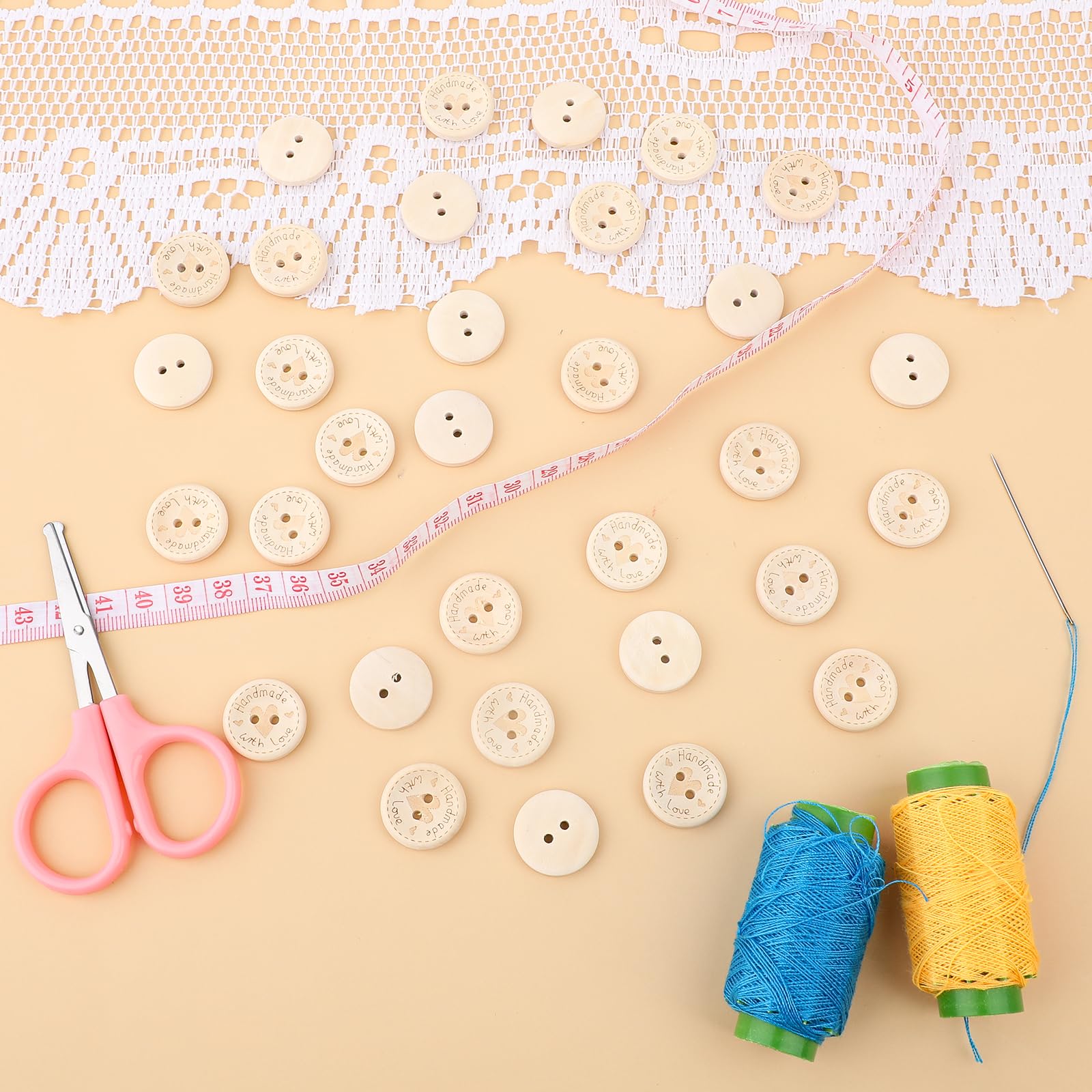 150 Bottoni Rotondi In Legno Fatti A Mano – 15/20/25 Mm, Con 2 Fori – Scritta 'Handmade With Love' E Cuore – Per Cucito E Fai Da Te - 5