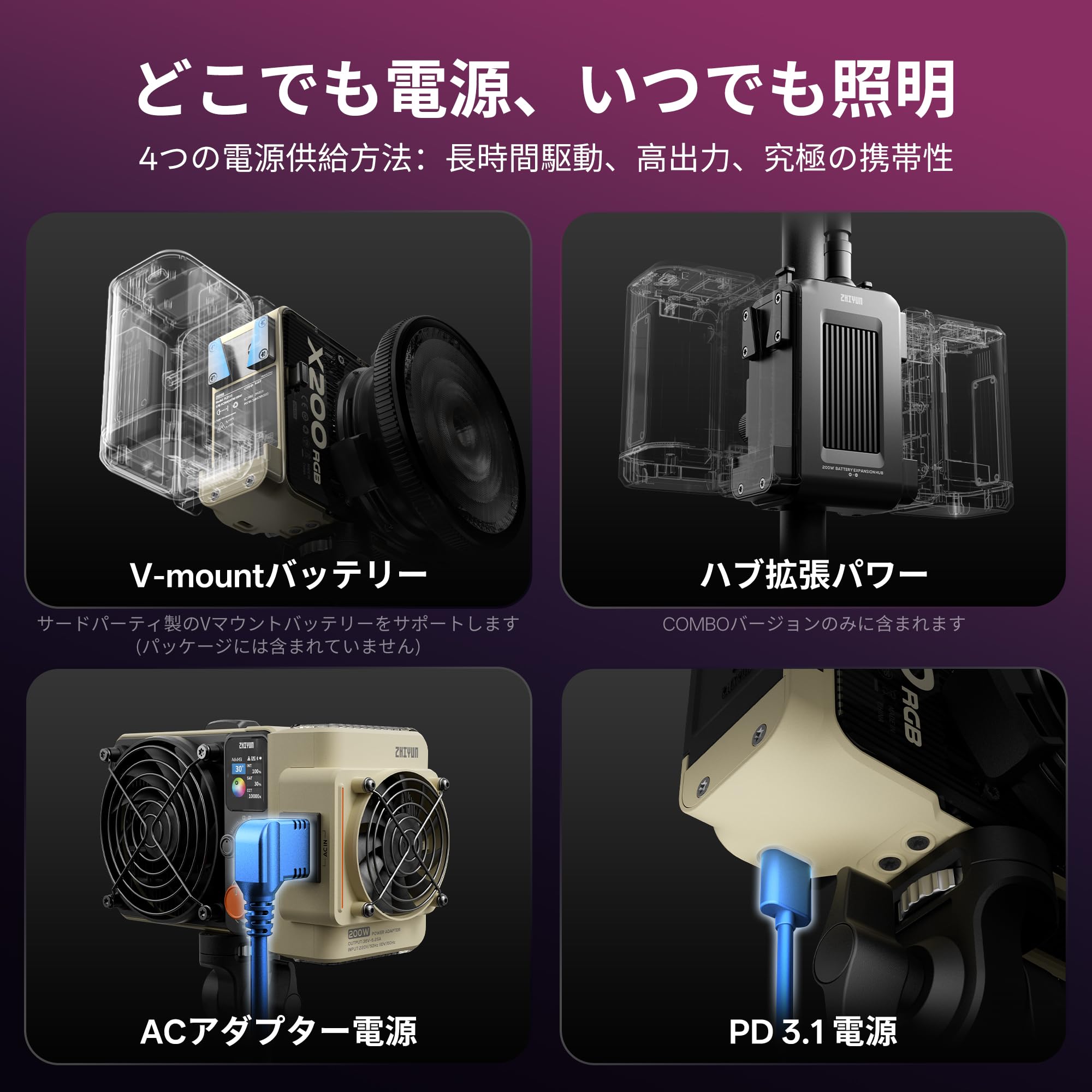 Amazon | [公式旗艦店] ZHIYUN MOLUS X200 RGB Combo 200W ビデオ