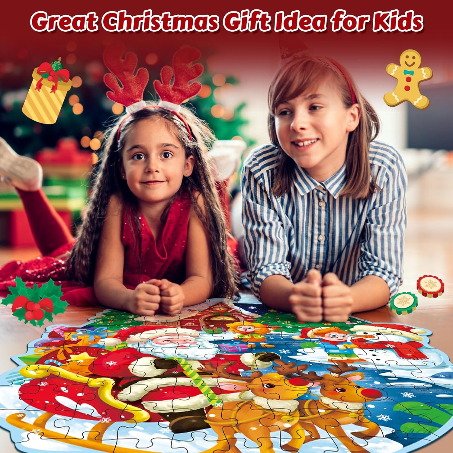Christmas Floor Puzzle for Kids Ages 3-5 & 4-8, 88 Piece Blue Cardboard Jigsaw Puzzles for Kids, Learning Educational Toys Birthday, for 3 4 5 6 Year Old Girls & Boys