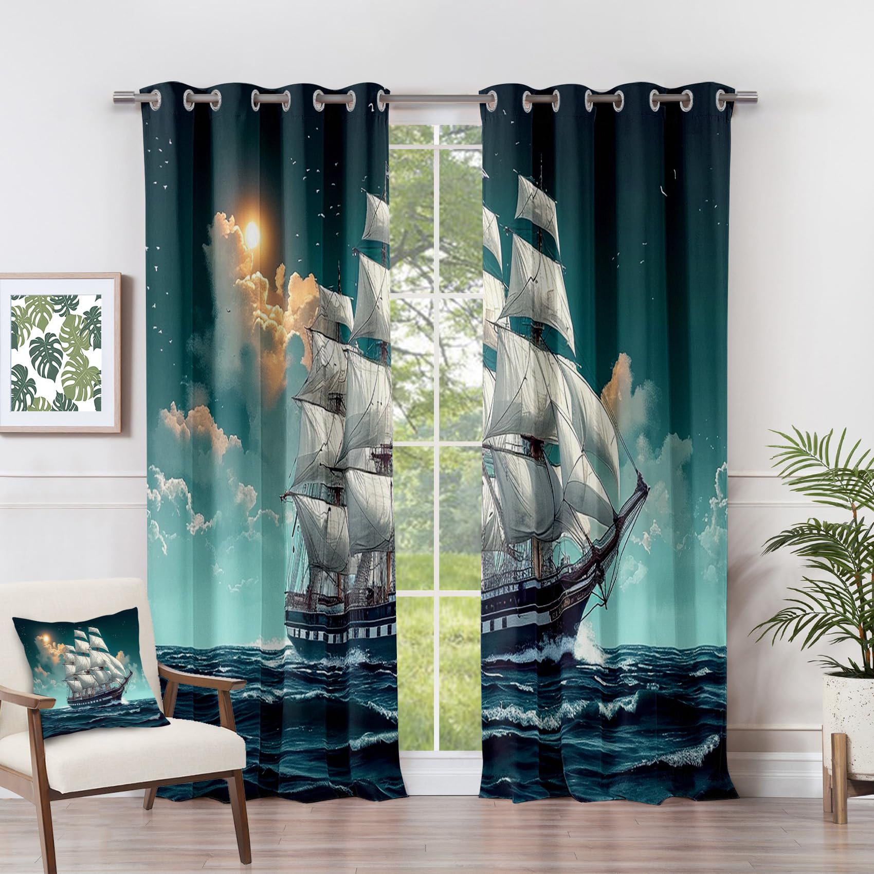 Vorhänge Segelboot - Nautische Meer Maritim Fenster Gardinen mit Ösen, Vorhang Blickdicht Verdunklungsvorhänge Thermovorhang für Wohnzimmer Schlafzimmer Deko 2er Set, H 137 x B 117 cm E#-101