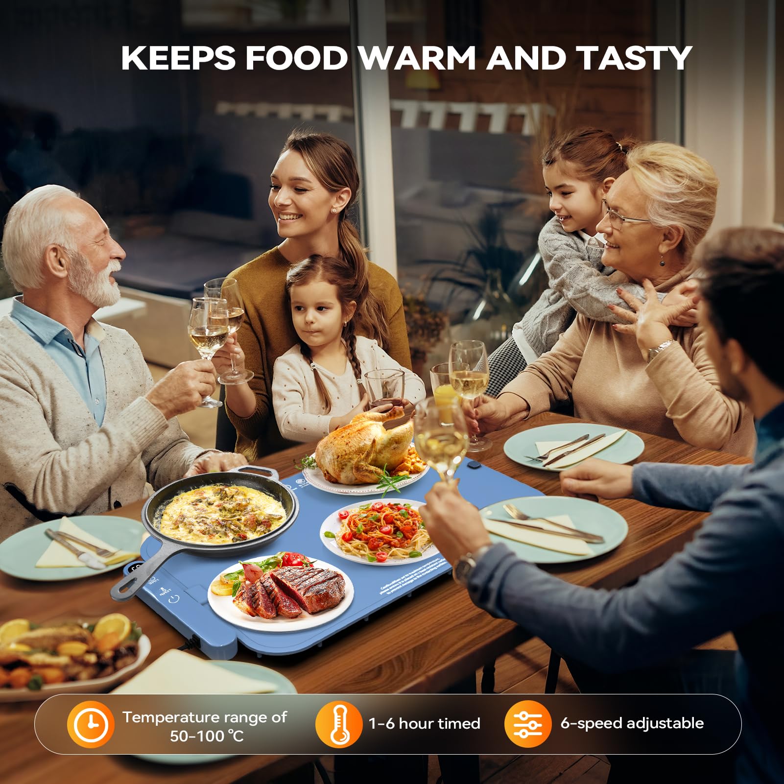 Warmhalteplatte Elektrisch mit Graphen Heizung 6-stufige Temperaturregelung 50-100°C 6h Timer Food Warmer Mat