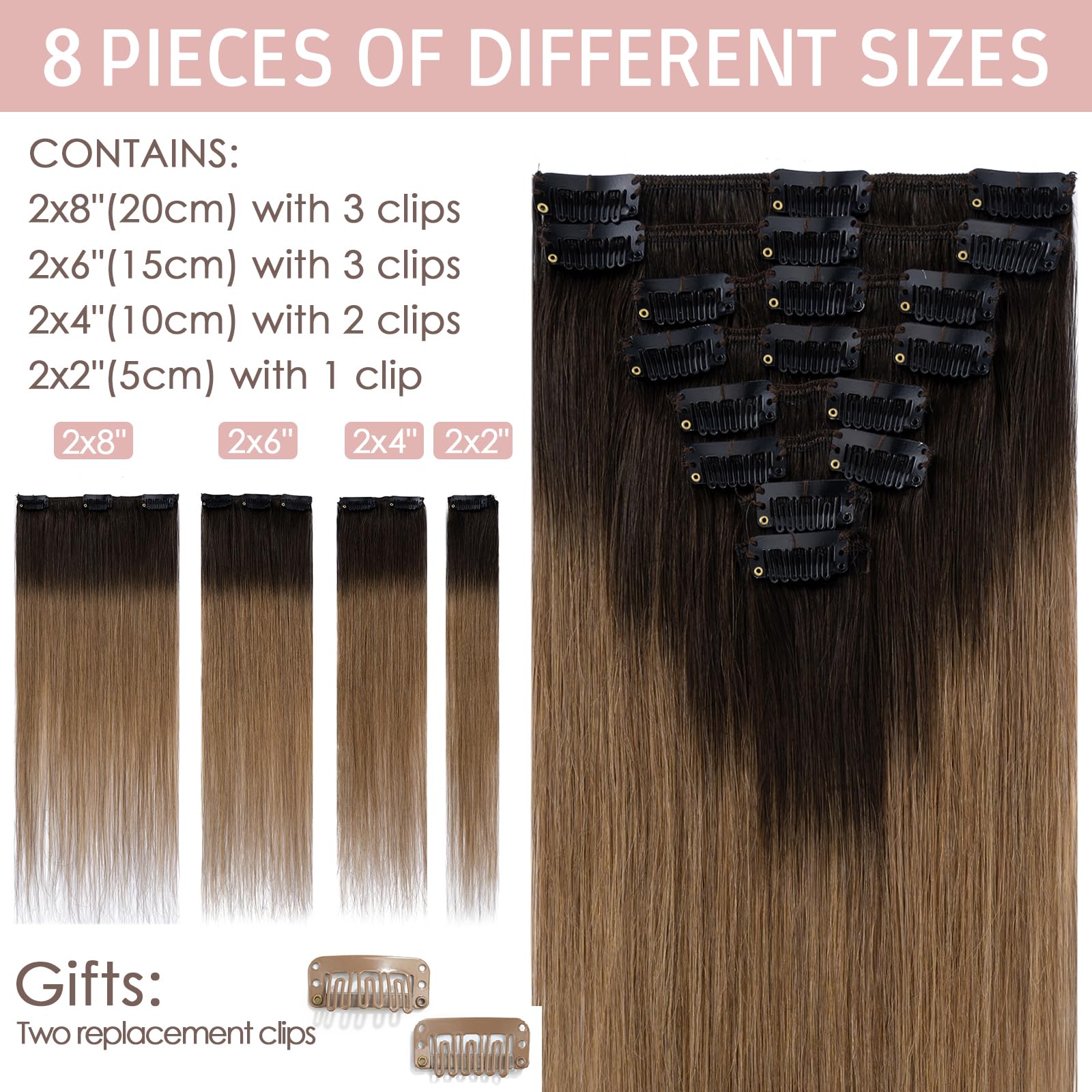 Silk-co Clip in Hair Extensions Real Human Hair 100% Remy Silky Soft Straight Hair Extension #2/6 Dark Brown Ombre Light Brown Basic Thickness-Thin Weft 8 PCS 16inch-65g - Image 3