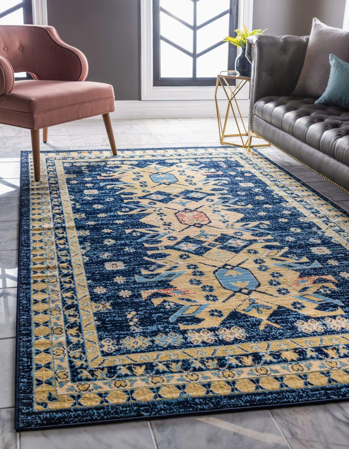 Unique Loom Taftan Collection Border Geometric Tribal Inspired Design Area Rug (8' 0 x 10' 0 Rectangular, Navy Blue/ Gold)