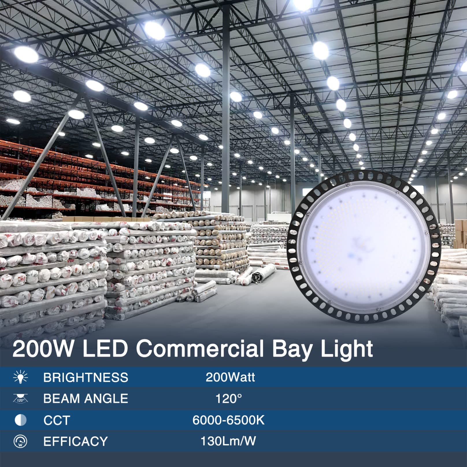 200W LED-UFO Industrial High Bay Light 6500K Cold White Workshop Lights Fixture 16000Lm 110V Commercial Bay Lamp for — view 3