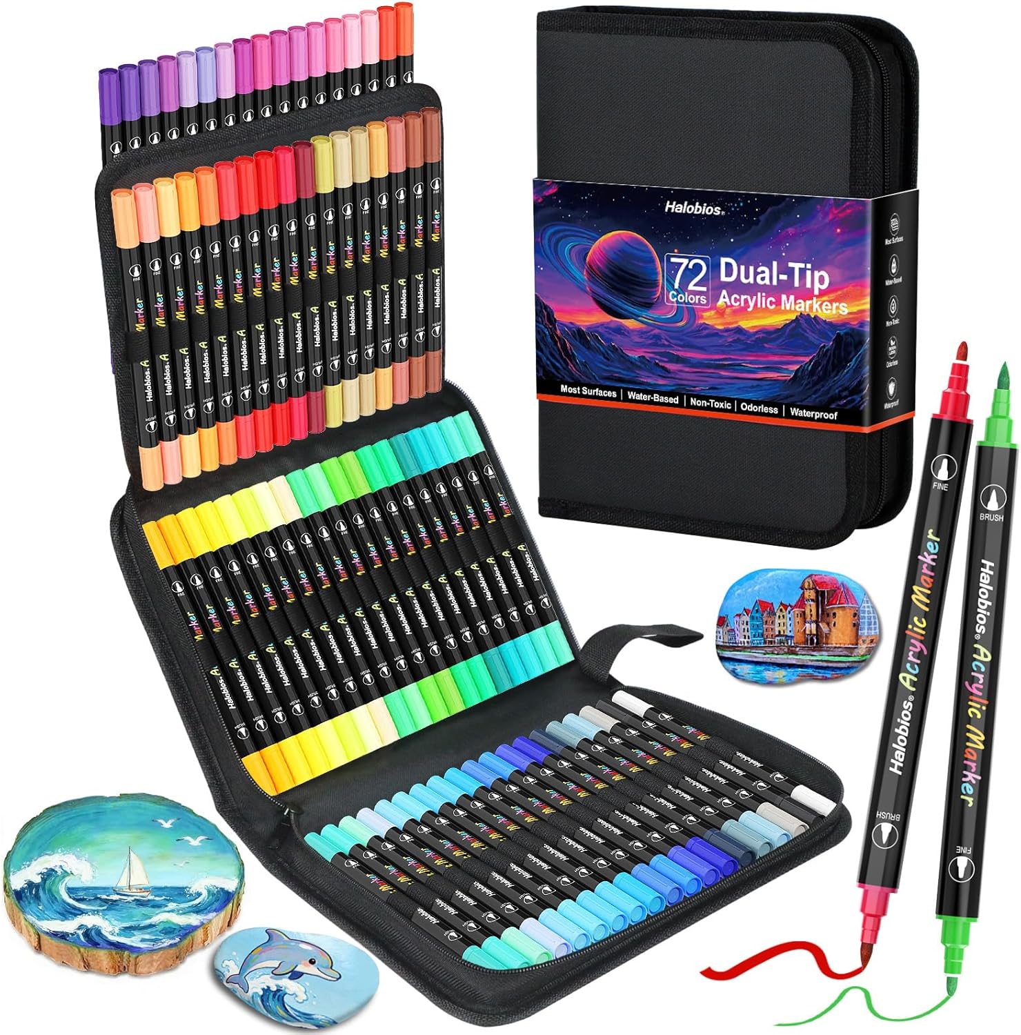 Acrylic Paint Markers 120 Colours Dual Tip Brush Paint Markers with Brush Tip and Fine Tip for Rock Painting, Glass, Wood, Egg, Canvas, Paper, Ceramic, Fabric, leather, DIY Crafts