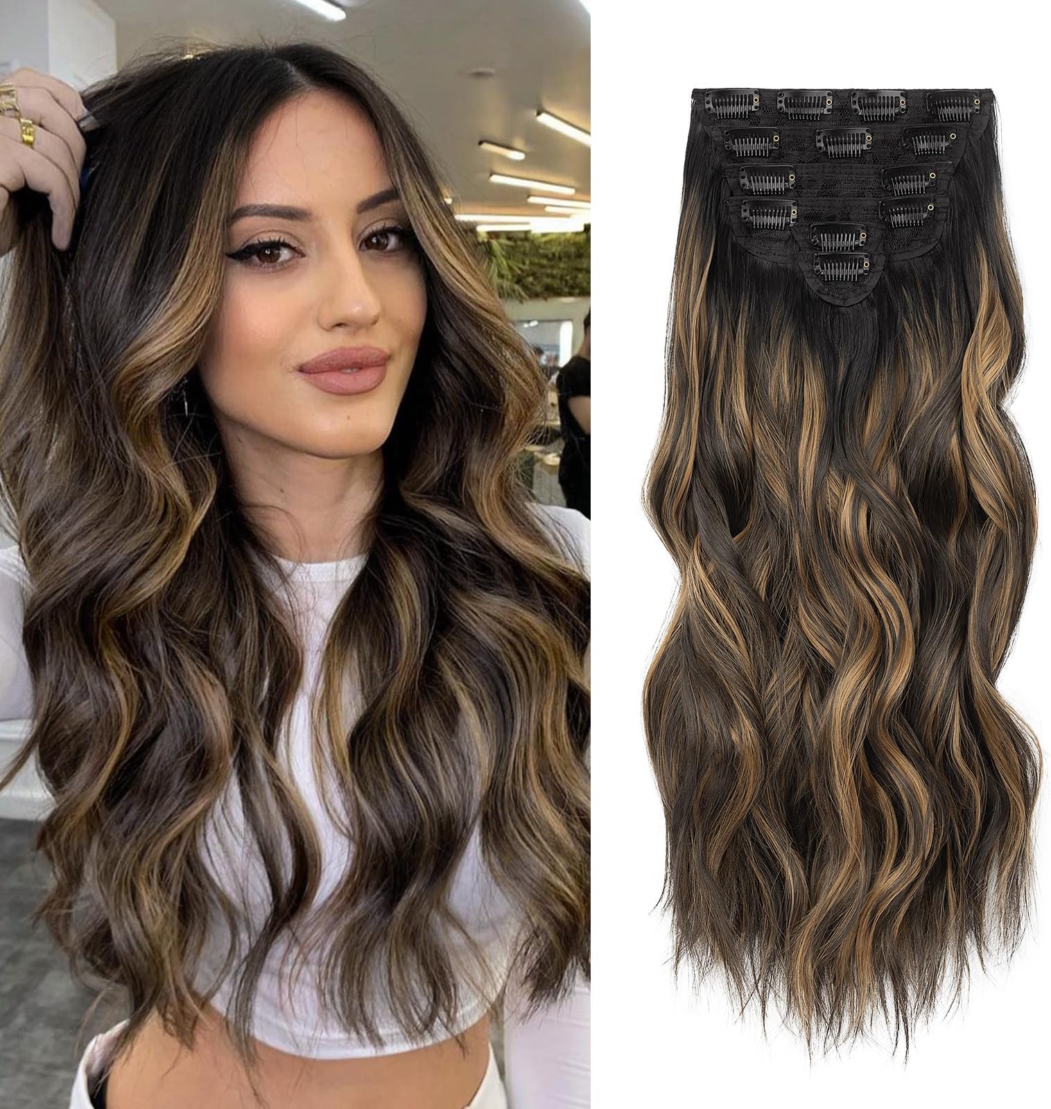 Synthetic Clip in Hair Extensions, 6PCS Natural &Soft Hair& Blends Well Lonng Wavy Hairpieces(20inch,6pcs, Black with Brown Highlights)