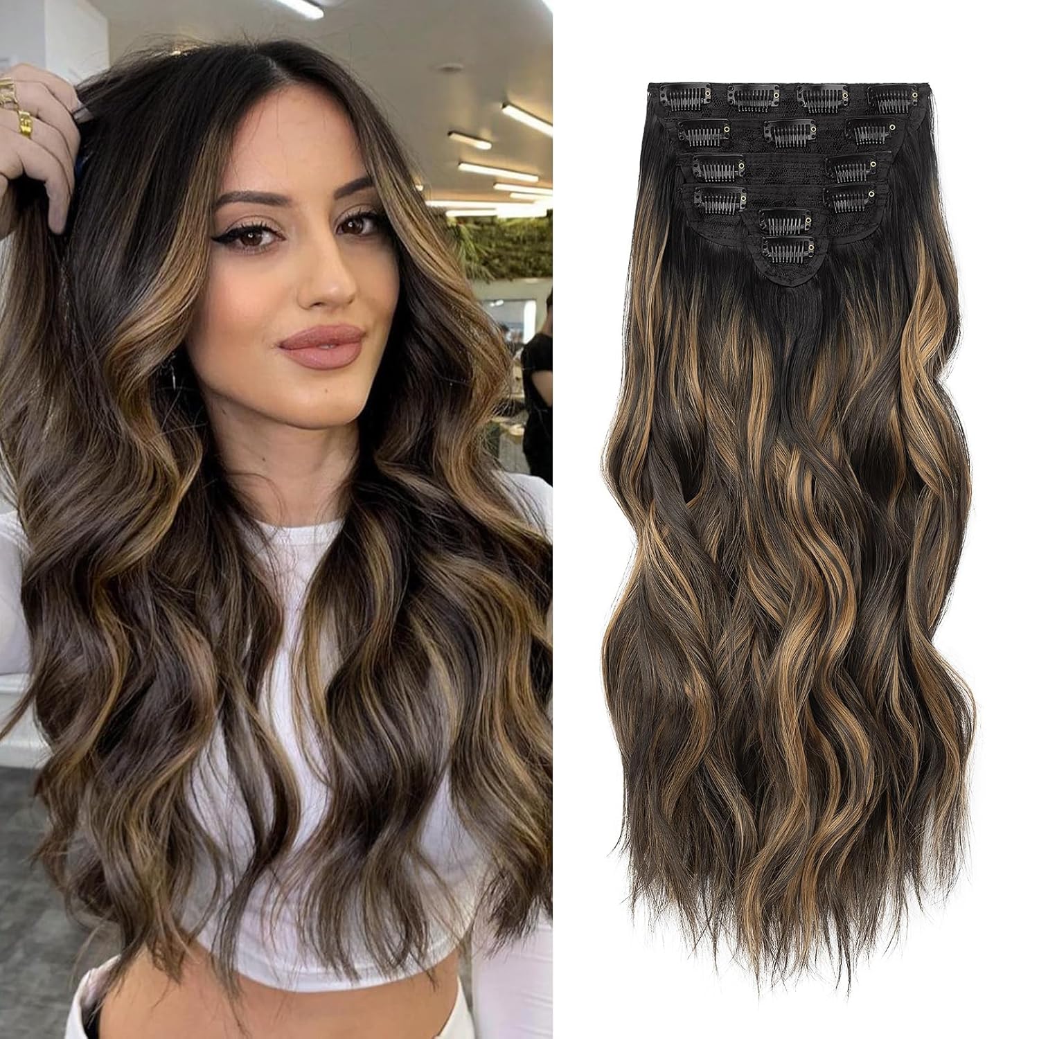 Fliace 20 Inch Synthetic Clip-In Hair Extensions 6PCS Wavy Black Brown Highlights Natural Soft Blend