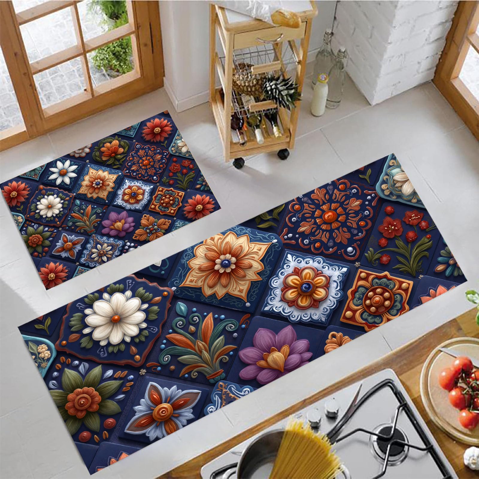 Juego de tapetes de entrada lavables y alfombras de cocina estilo azulejo mexicano