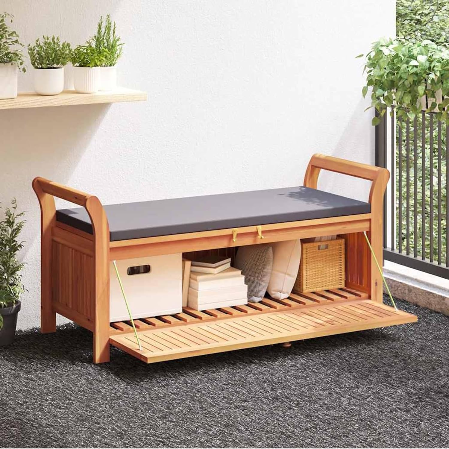 Gecheer Garden Storage Bench with Cushion – 126 cm Solid Acacia Wood Outdoor Bench with Ample Storage Space and Dark Grey Foam Seat