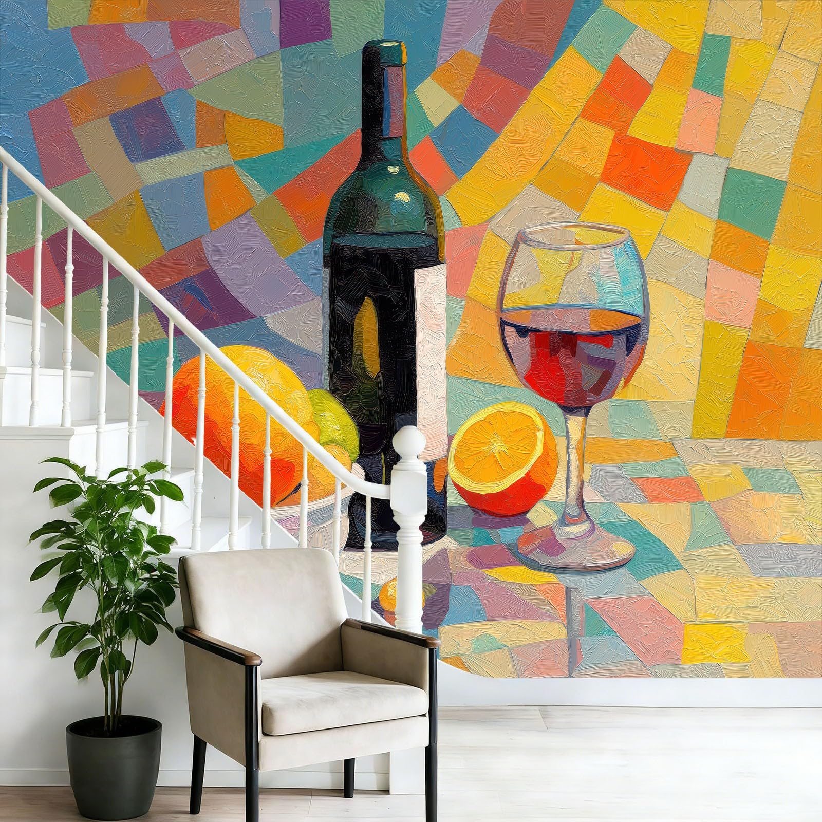 Vliestapete 350 x 256 cm, Moderne Kunst Rotwein Weinglas, Fröhliche Motivtapete für große Kinderzimmer, Bunt