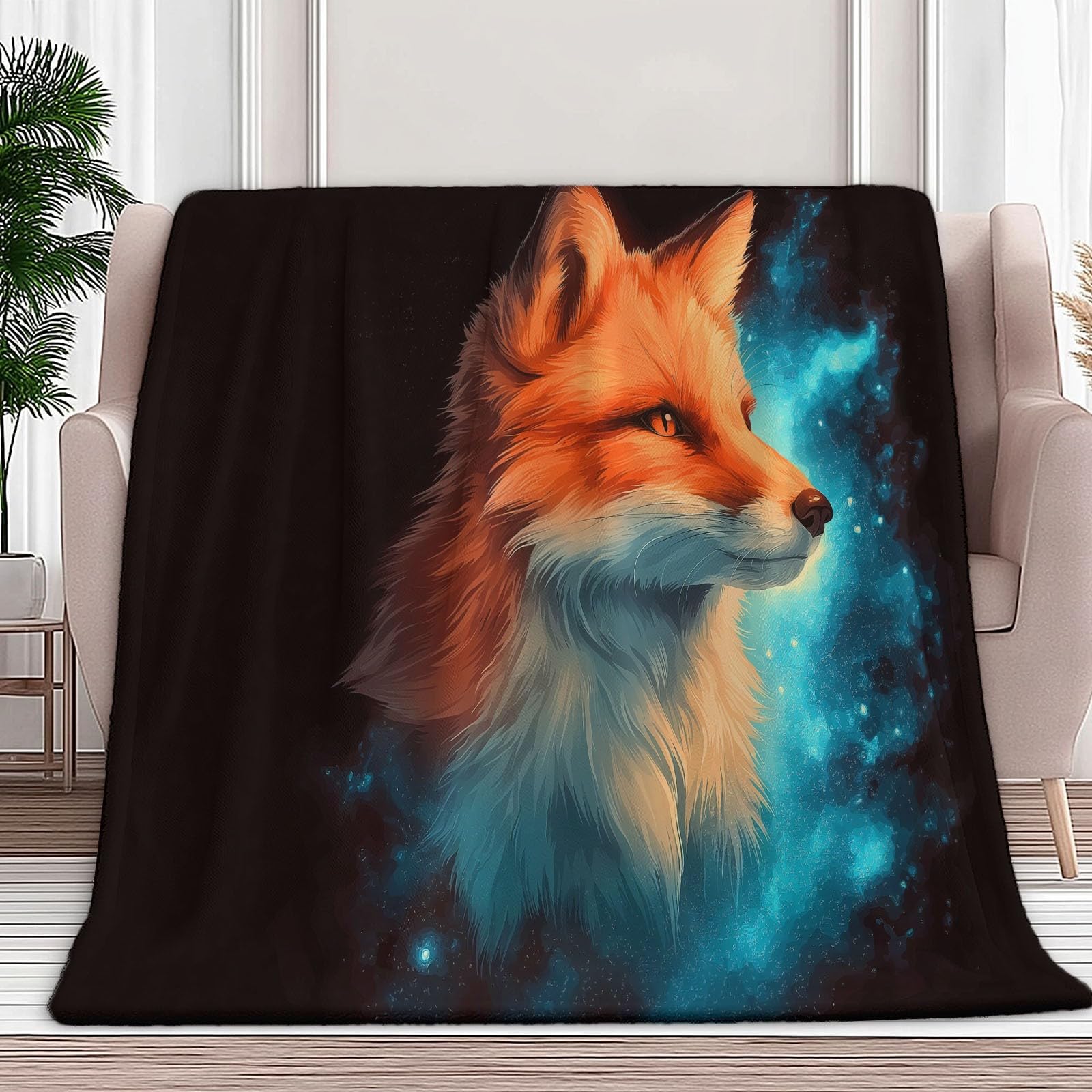 Koc w kratę z czarnym fantastycznym portretem lisa, duży rozmiar, miękki i ciepły flanelowy koc, wygodny dla dzieci i dorosłych, 220 x 240 cm