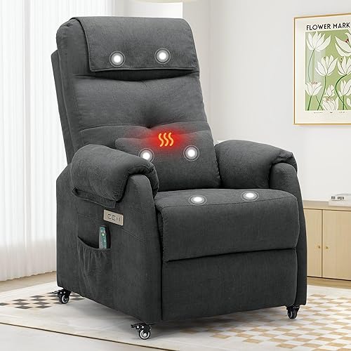 Power Recliner Chair for Adults, Recliner for Small Spaces with Rollers, Electric Chair with Massage and Heat, USB and Type-C Charge Port, Fabric Recliner Chair for Living Room, Bedroom