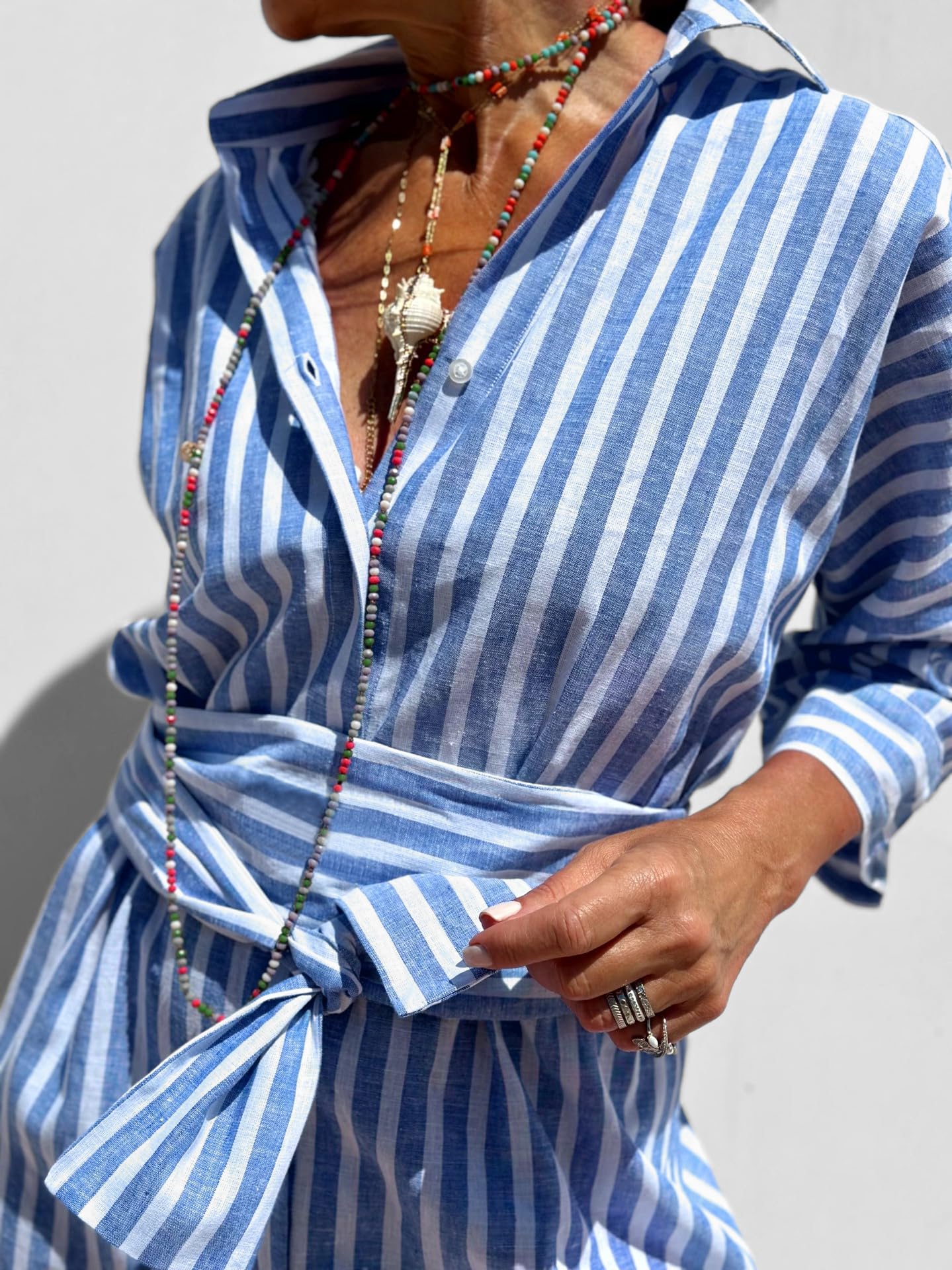 utcoco Abito da donna 2025, stile casual, con risvolto, maniche a 3/4, abbottonatura e cintura