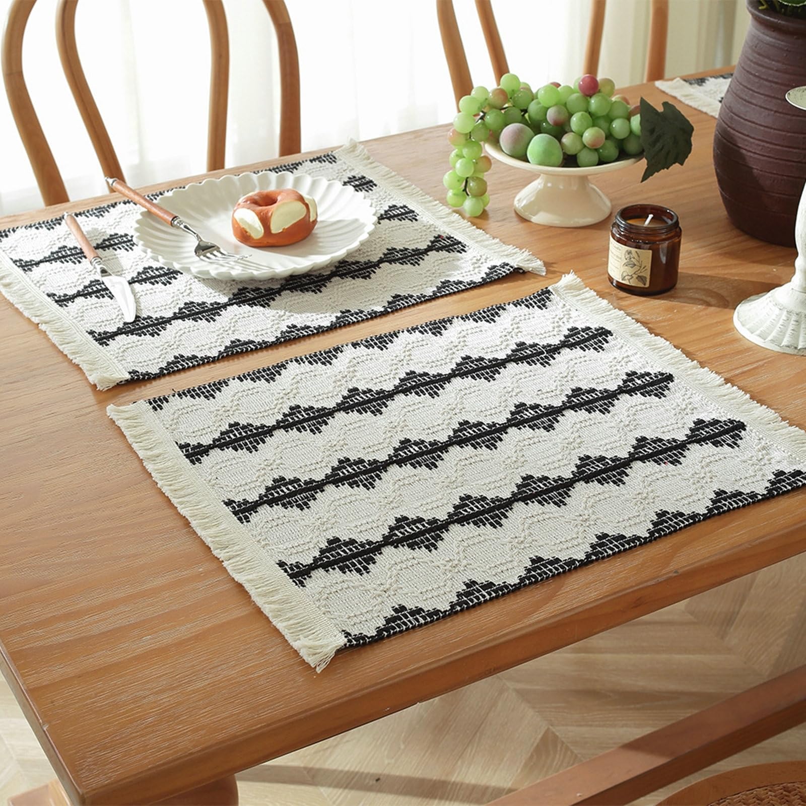 Beydodo Set di 12 tovagliette per tavolo da pranzo, in cotone e lino, 45,7 x 35,6 cm, tovagliette lavabili in tessuto a forma rettangolare con nappe