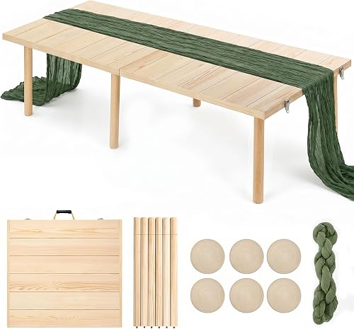 Folding Outdoor Picnic Table, Wood Portable Boho Low Table for 6, Natural | 60" x 30", Table Runner & 6 Placemats, Adjustable Heights, Umbrella Hole, for Camping, Beach, Wedding, Garden, Party