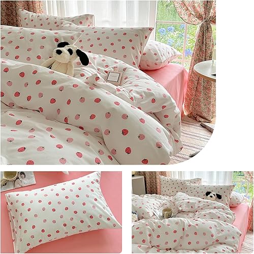 Miniatura 5 de AOJIM Juego de funda de edredón rosa, juego de cama 100% algodón, funda de edredón estética con bonita fresa, juego de funda de edredón de 3 piezas