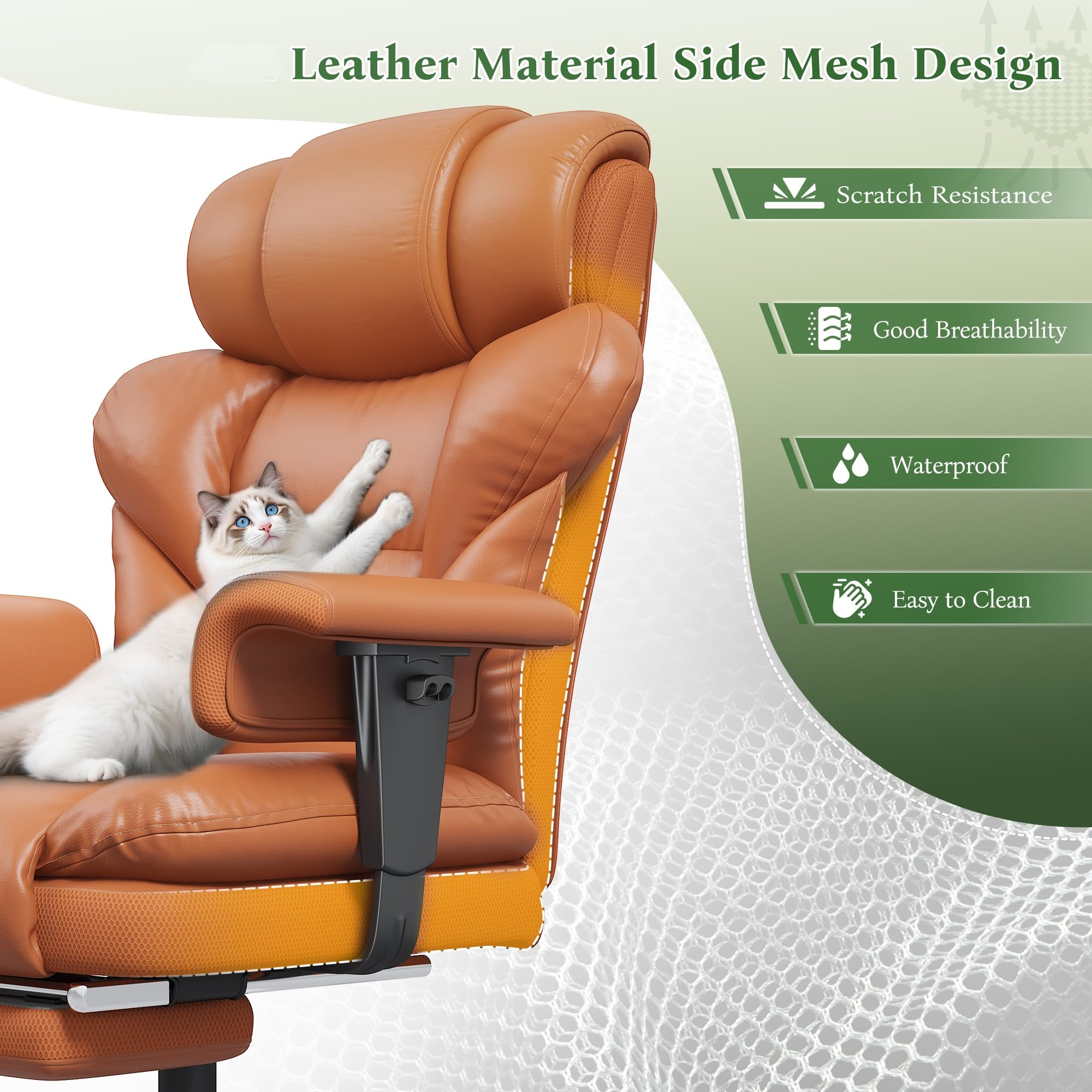 Office Chair with High Back,28.7" Deep Seat,Big and Tall Executive Leather Office Chair with Foot Rest & Arms,Wide Reclining Desk Chair Ergonomic with Lumbar Support for Home Office,Brown