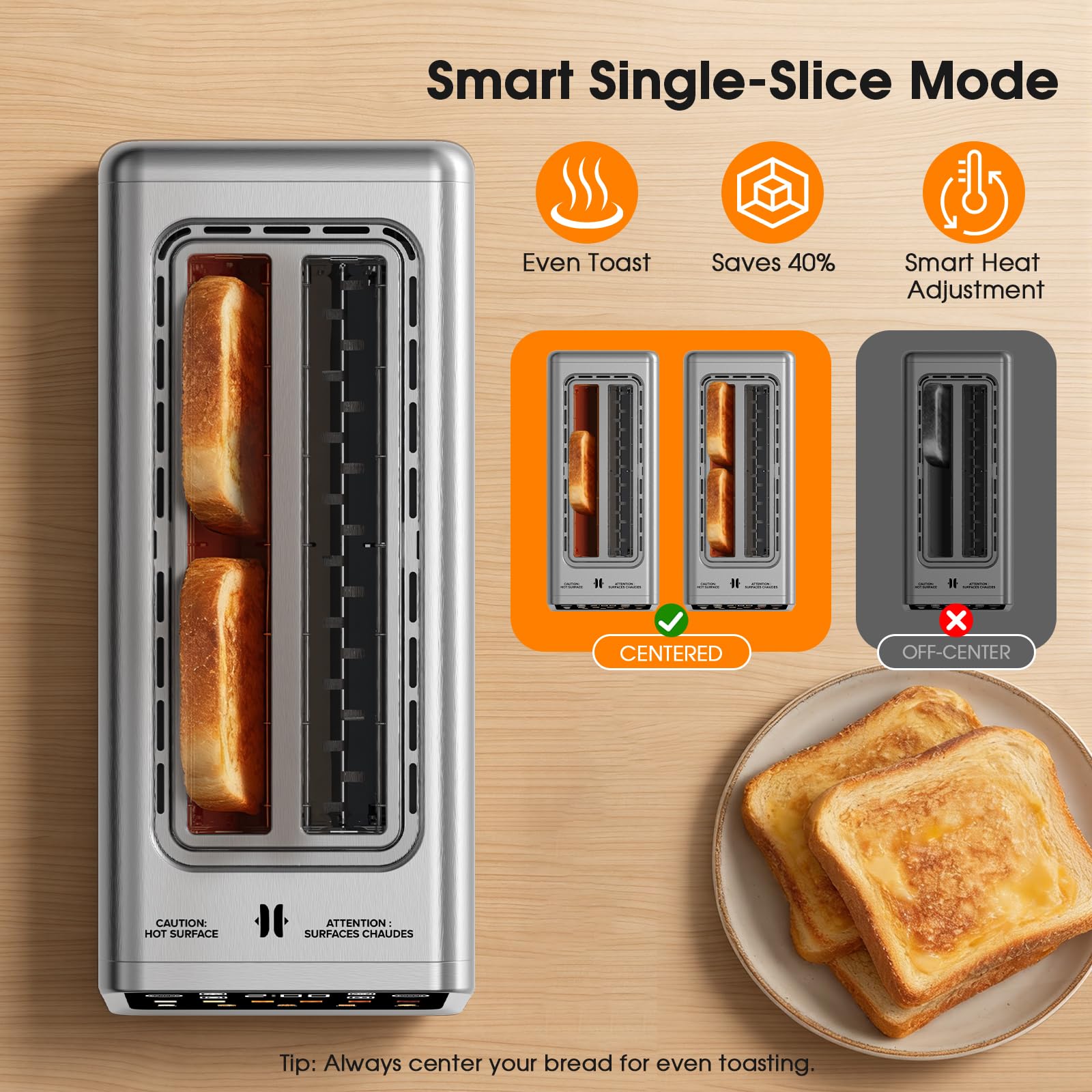 Long Slot Toaster 4 Slice with Touchscreen, 2-Slot Extra Wide 1.5 Inch | Stainless Steel, 1400W, 2-Slot Smart Appliance, Single Mode, BreadID Tech, Digital Timer, For Bagel Waffle