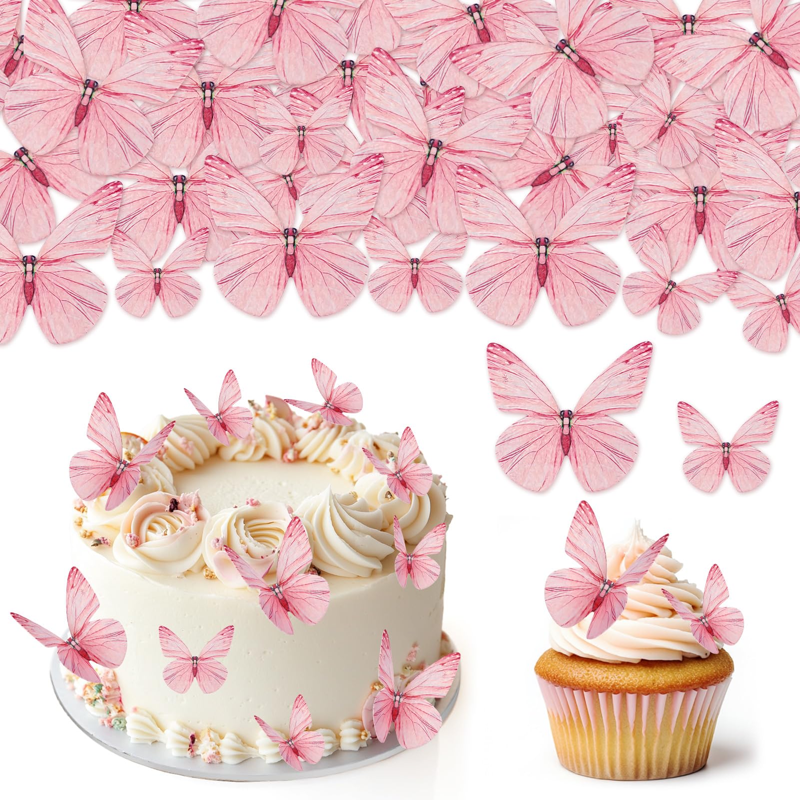 Suofuolef 72 Stück Schmetterlinge Tortendeko Essbar, Rosa 3D Kuchen Deko, Essbare Cupcake Deko für Hochzeit, Geburtstag, Jubiläum