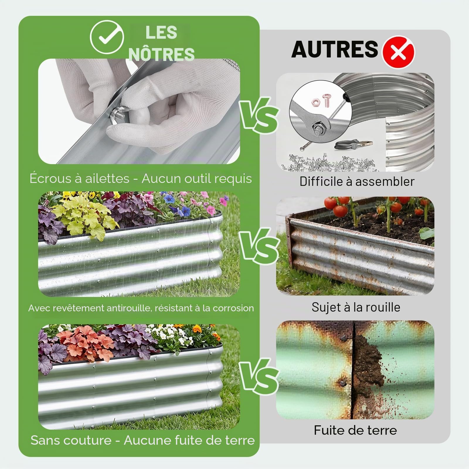 INNO STAGE Lot de 2 jardinières surélevées réglables en métal de 1,5 m pour cultiver des légumes, des herbes, des fleurs en acier - Argenté