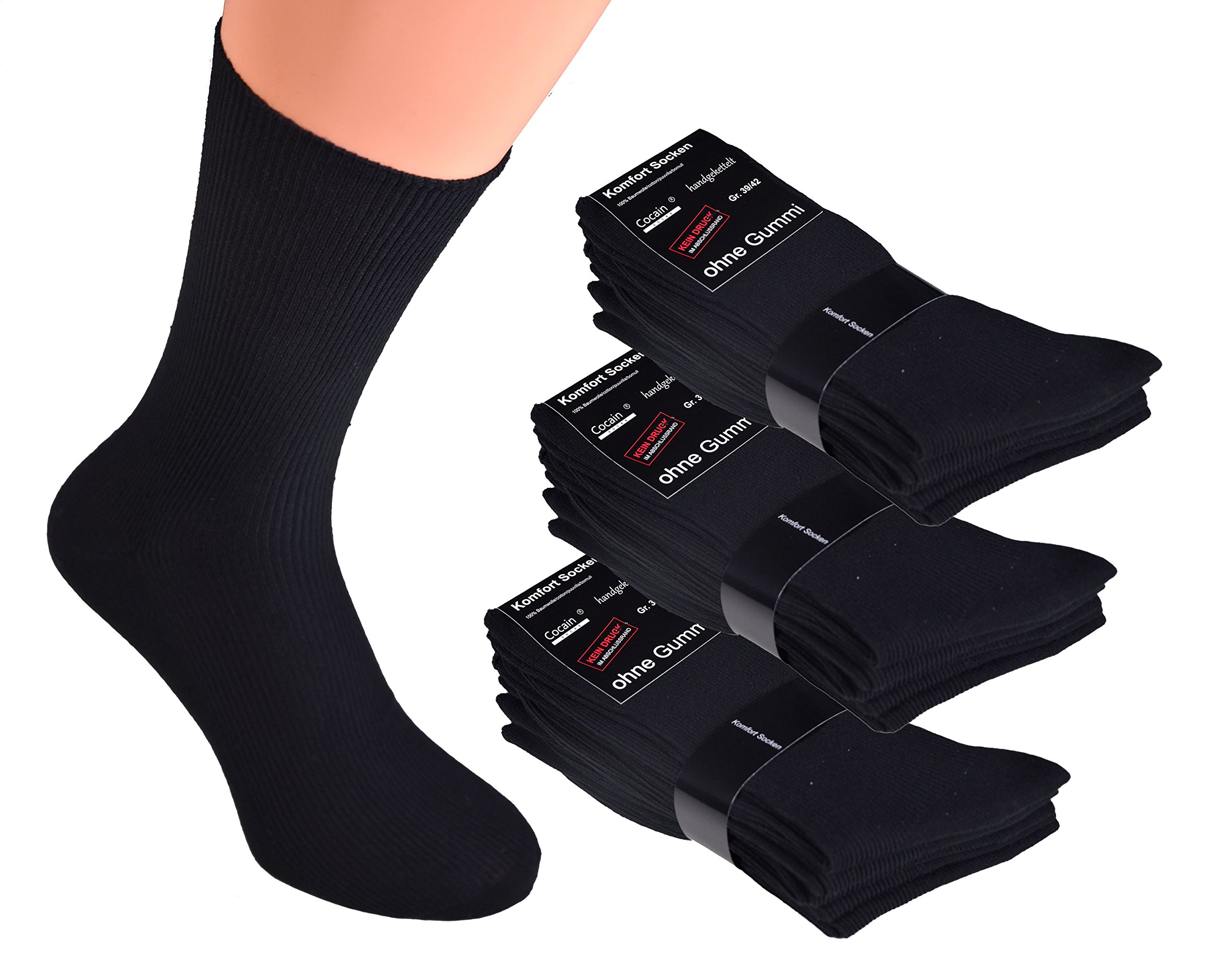 Cocain underwear 10-100 Paar schwarze Damen- & Herren Socken ohne Gummi 100% Baumwolle auch als Kurzsocke lieferbar