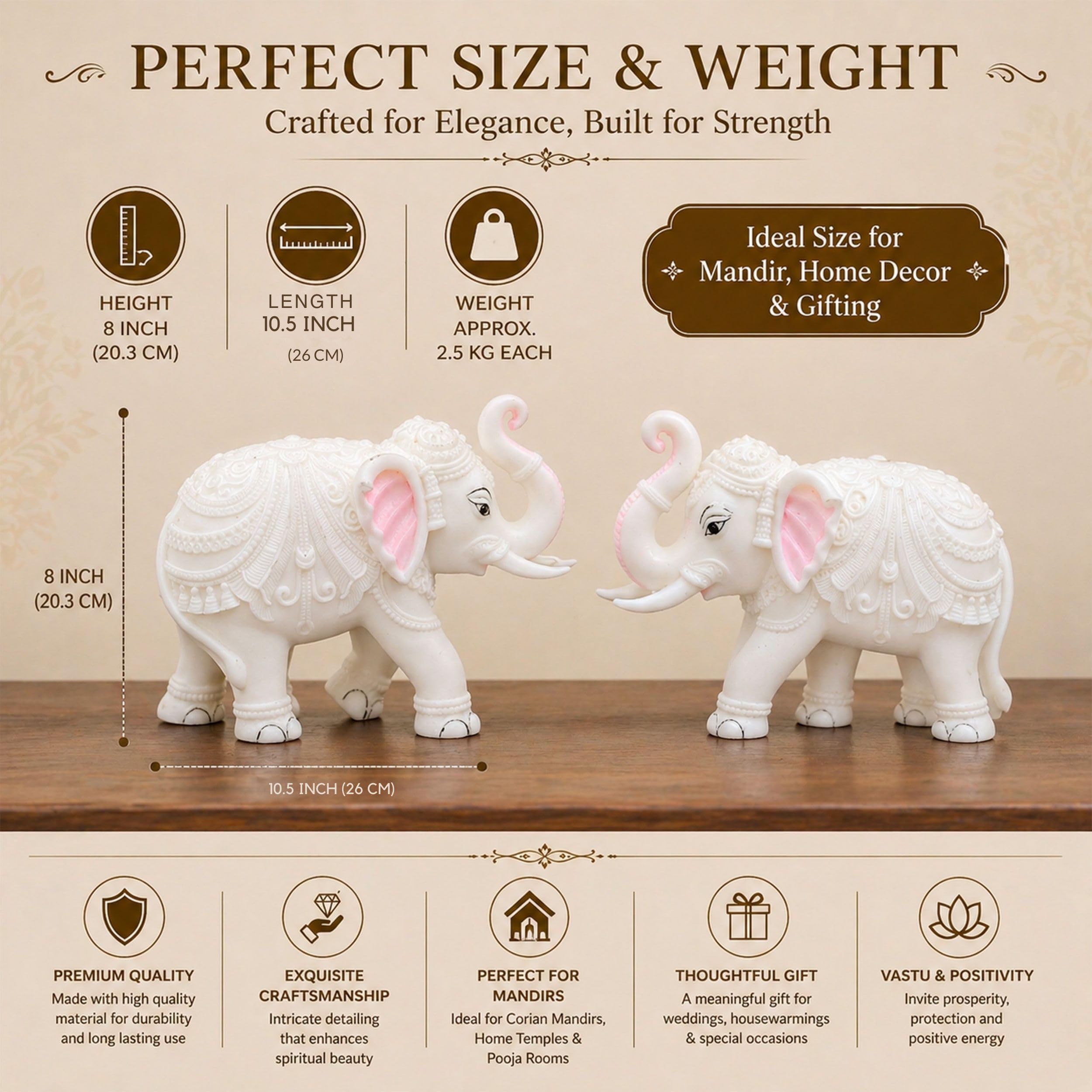 Heavy White Elephant Pair for Mandir Base & Home Temple Decor | 8x10.5 inch Solid Marble Dust Resin Elephant Statues for Corian Mandir Entrance | Vastu Showpiece Set for Living Room — photo — 7 of 8