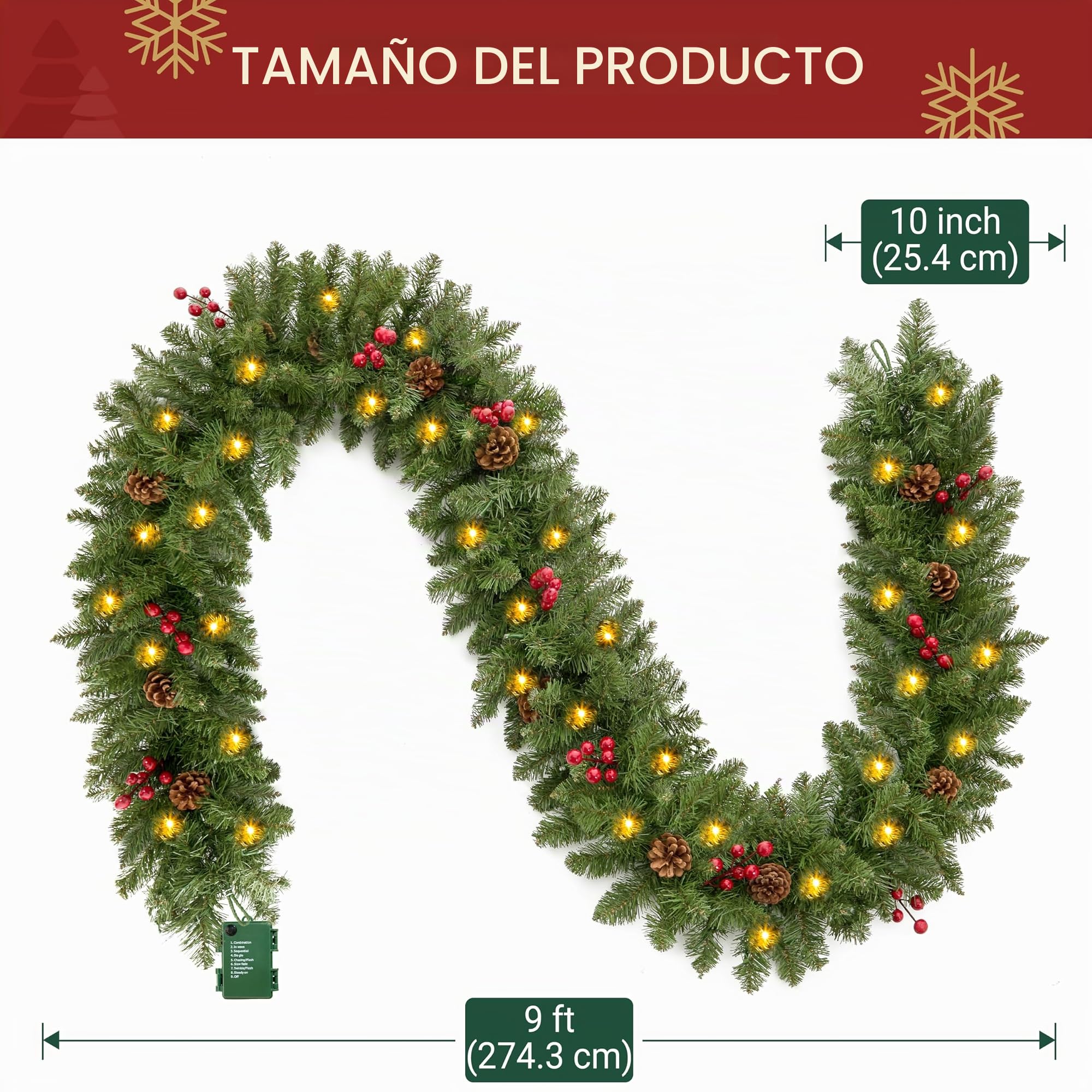 270 cm Guirnalda de Navidad Decoración Led para Árbol Artificial Premium 100 Luces LED Y Piñas Naturales Conectable A Más Guirnaldas