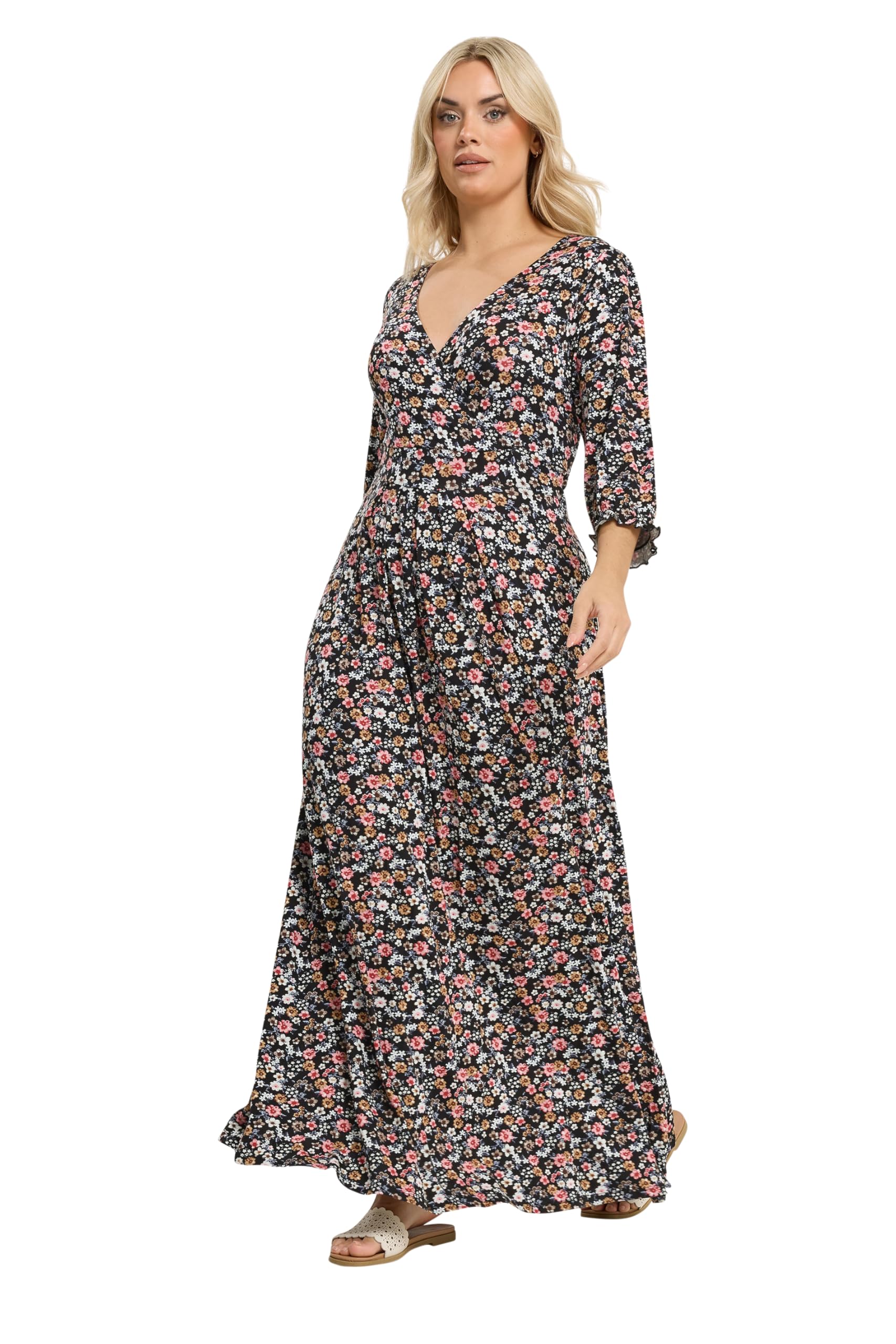 Yours Women's Floral Maxi Wrap Dress in Black | Size: 26-28