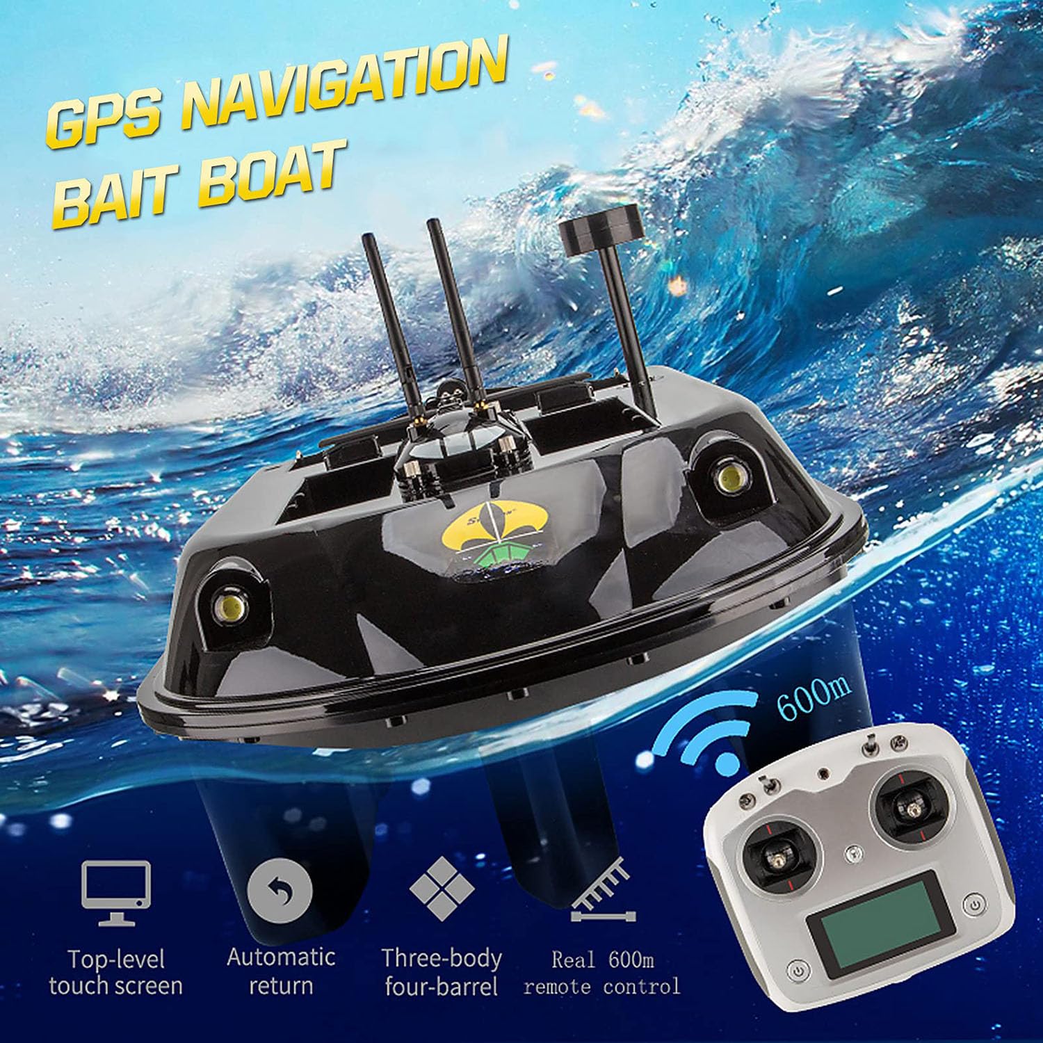 Ecoscandaglio sonar per barca da pesca RC 2 in 1 GPS, barca da pesca in mare da 600 m con 4 contenitori per esche, carico massimo 8 kg, barca con esca con crociera automatica e luce a LED, per gli