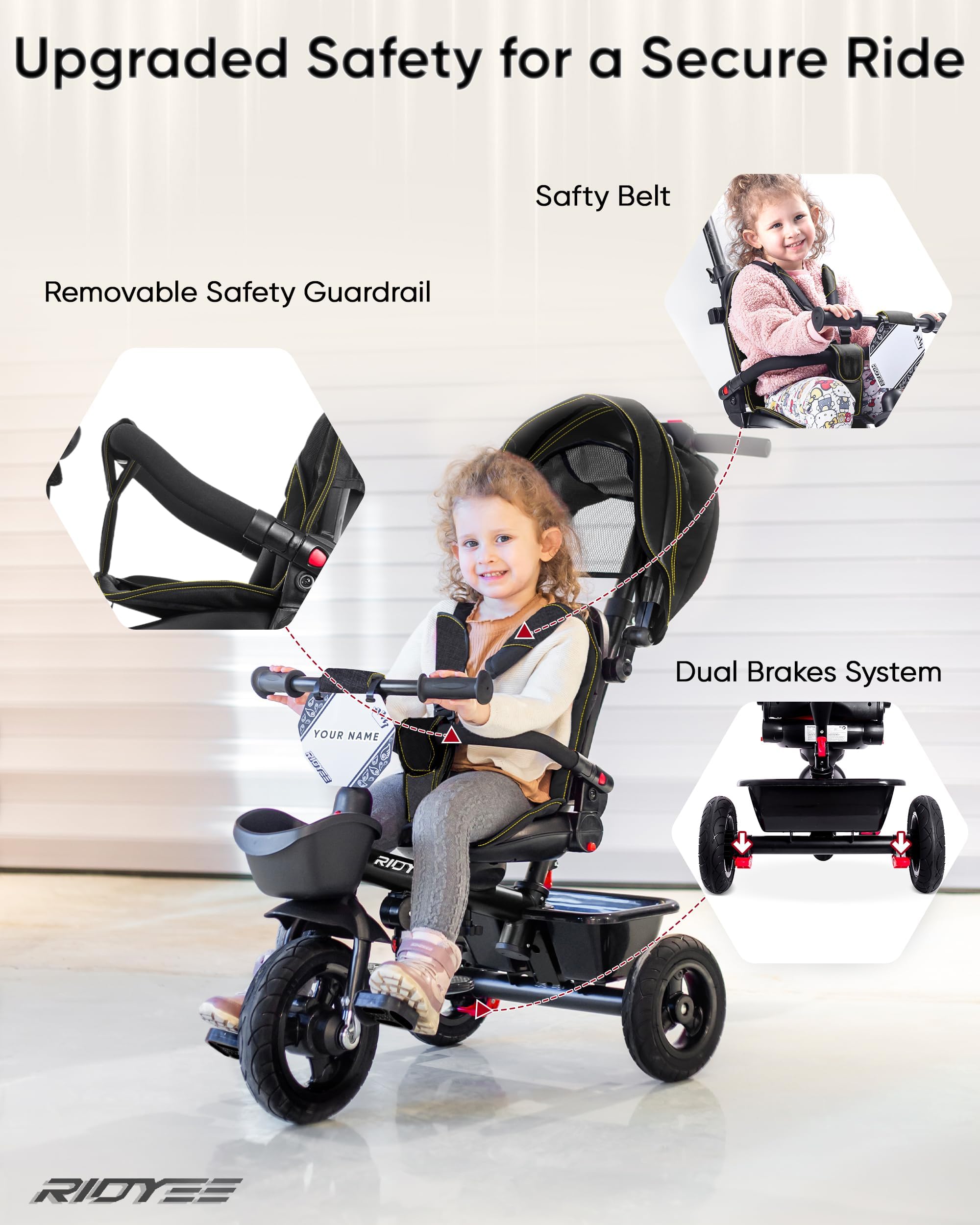 Triciclo 7 en 1 para 18 meses a 5 años, neumáticos de goma todo terreno, frenos de doble rueda, asiento giratorio para niños pequeños de 1.5 a 3 años, triciclo para 3 a 5 años con calcomanías 4