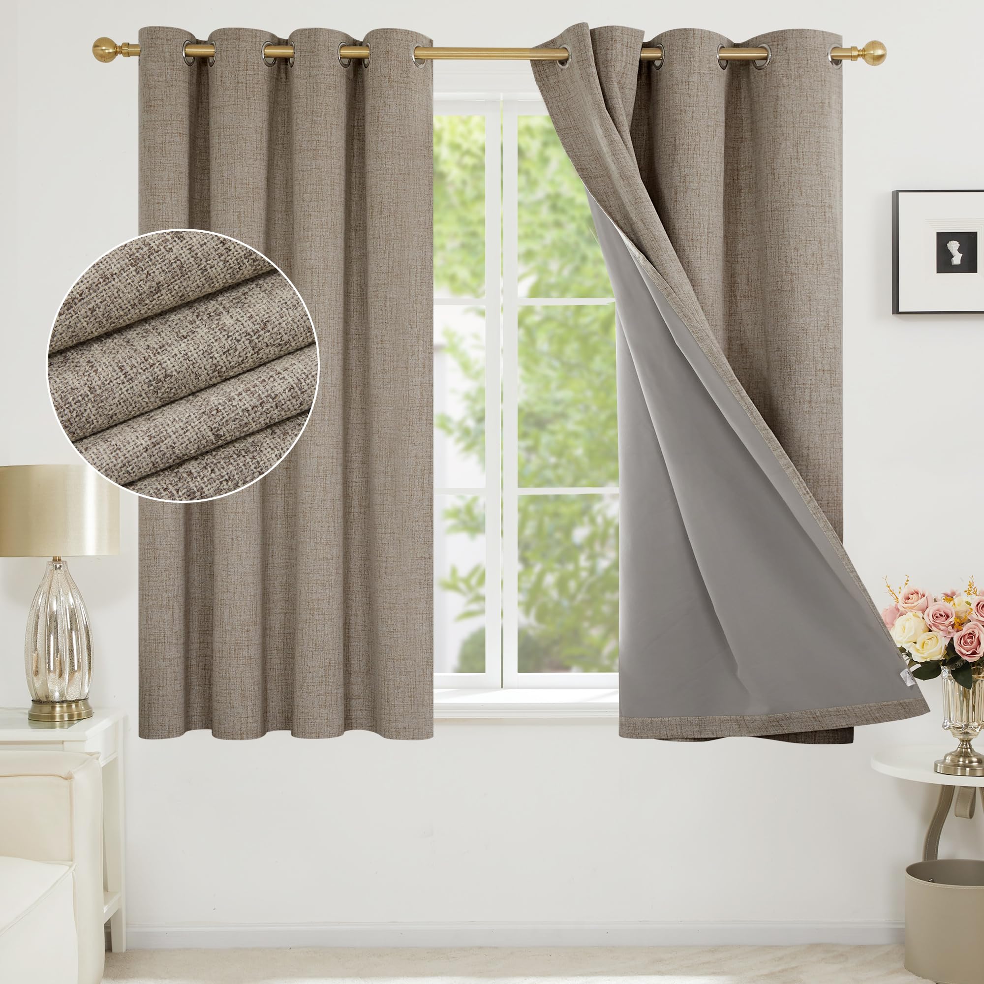 Deconovo Faux Linen FullBlackout Curtains Thermal Eyelet Curtains fot Bedroom with Energy Saving Coating, Linen, W66 x L54 One Pair
