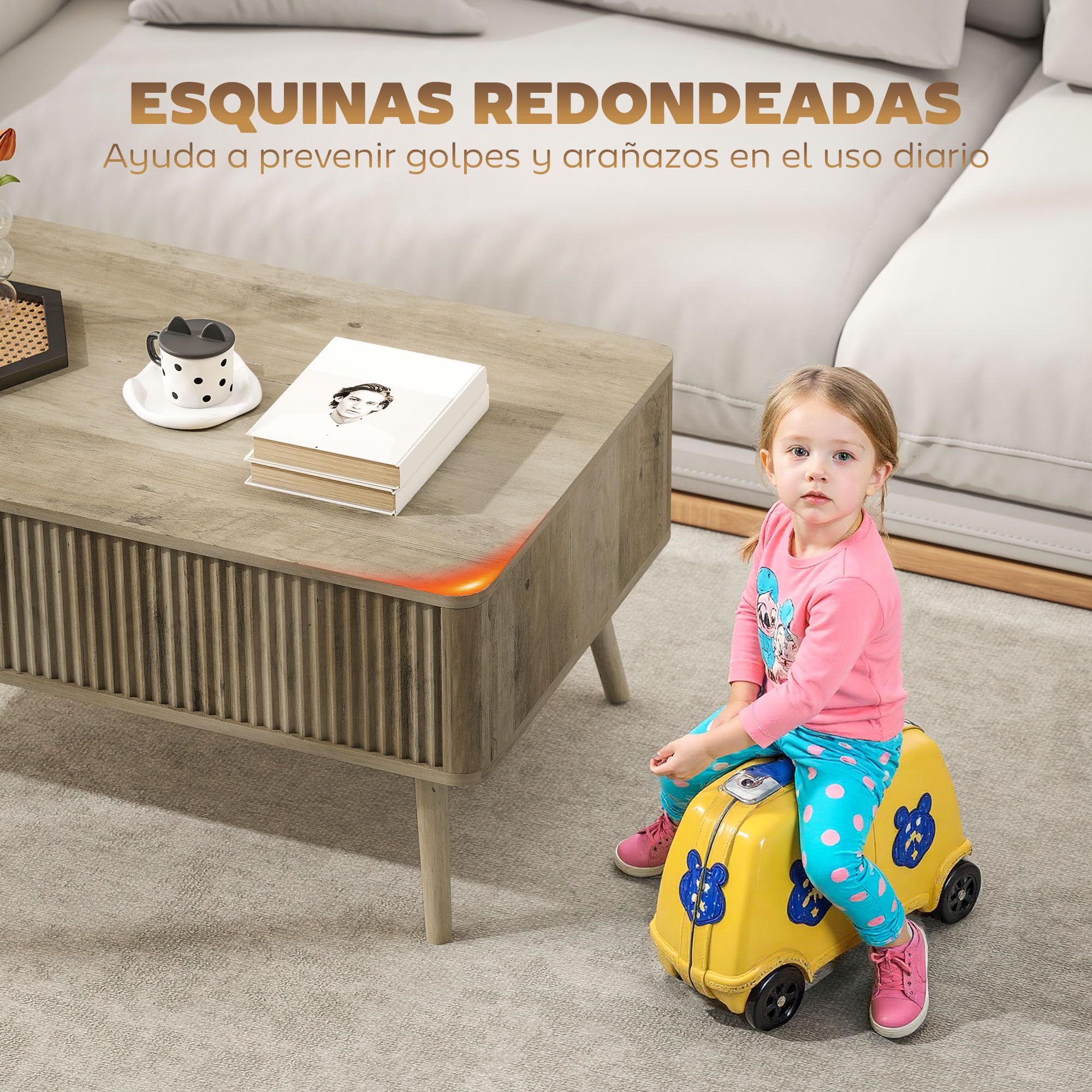 HOMCOM Mesa de Centro Elevable, Mesa de Café para Salón, Comedor, con Compartimentos Ocultos de Almacenaje y Patas de Pino, 91x56-80,5x43-57,5 cm, Roble