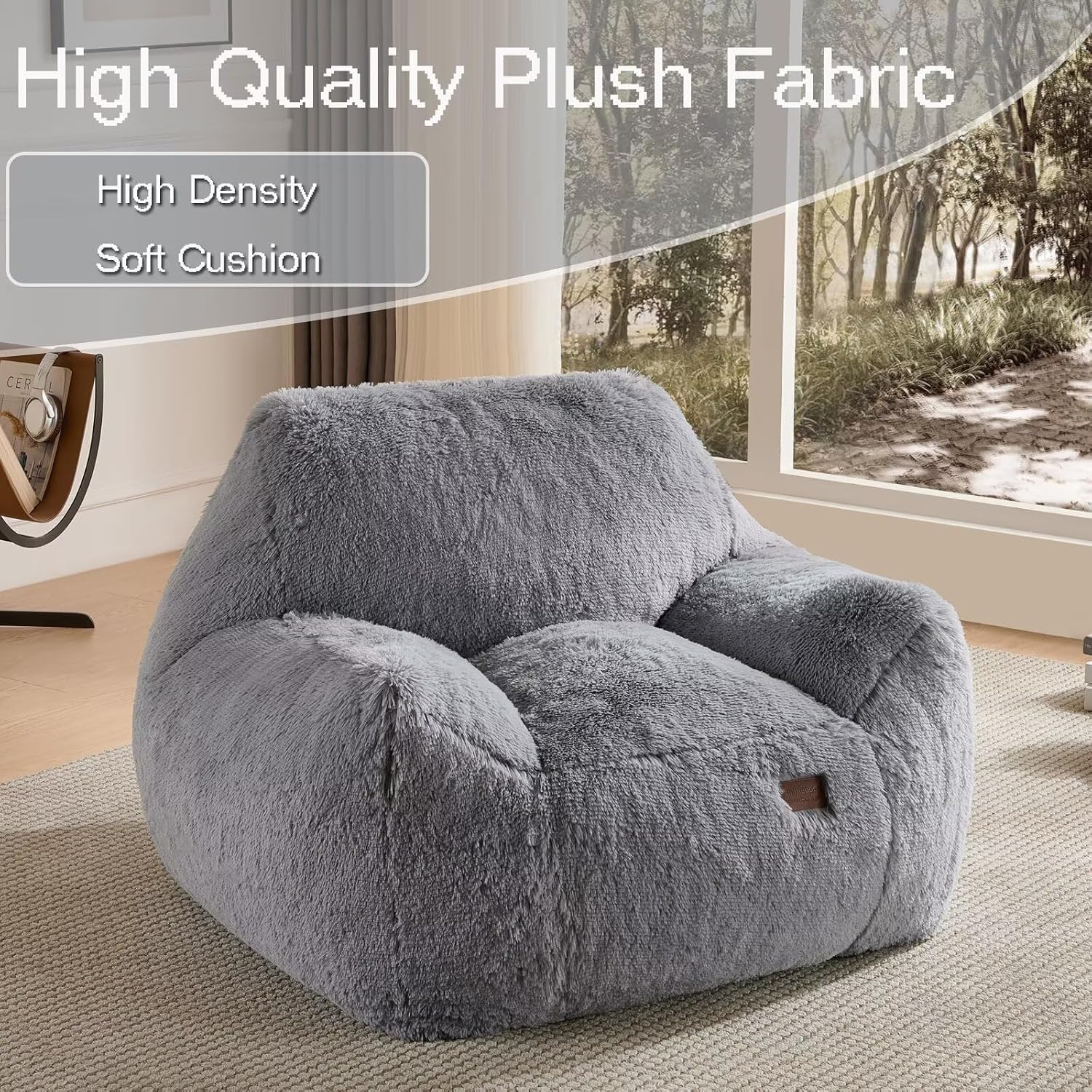 Oversized Fluffy Bean Bag Chair with Armrests, Giant Soft Plush Lazy Sofa, Comfortable Single Cloud Floor Couch for Adults, Accent Chair for Living Room Bedroom Dorm (Light Grey)