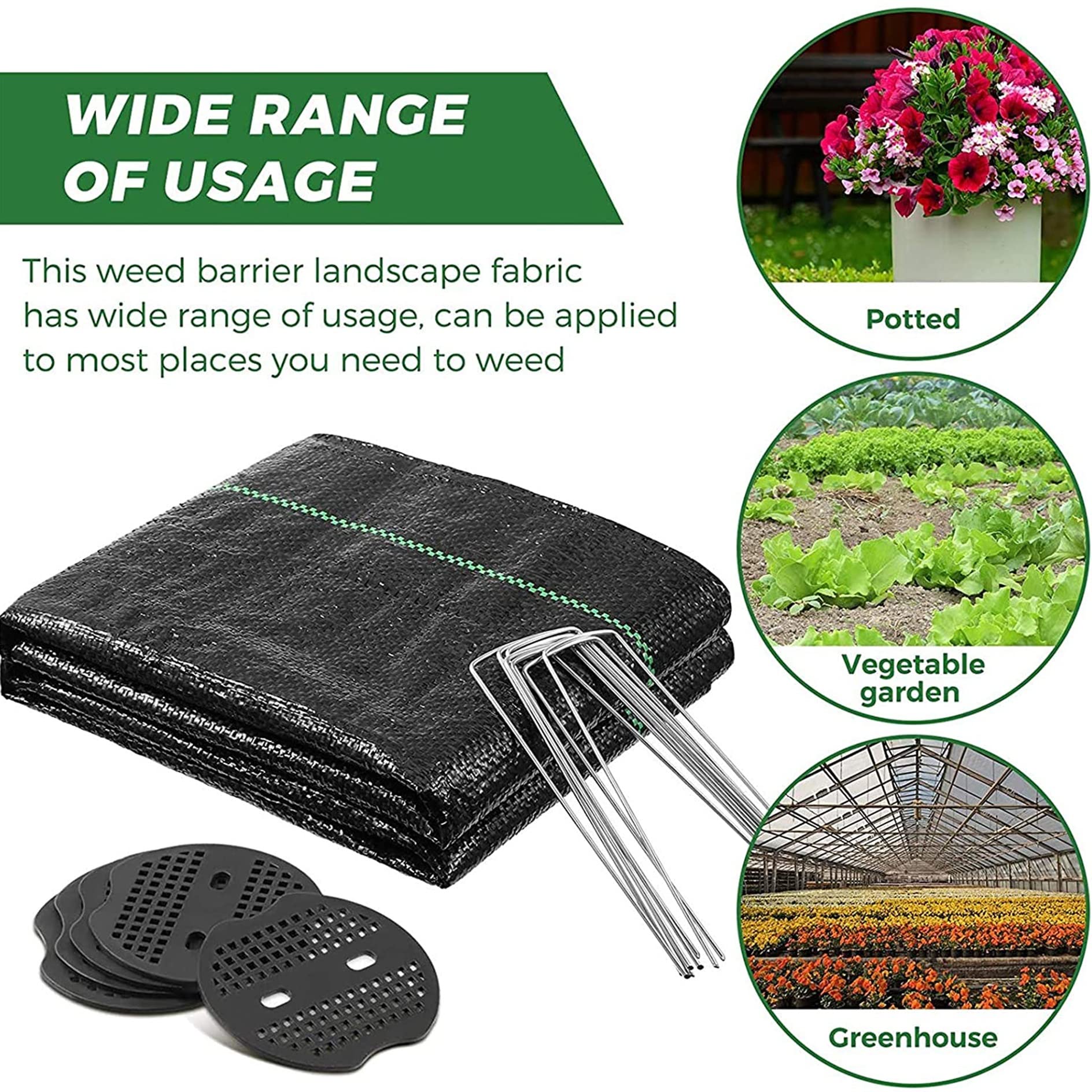 Telo Pacciamatura 70g/m2,Tessuto Anti Erbaccem Membrana del Tessuto,Nero in Polipropilene,Permeabile all'Acqua e Traspirante,per Orto,Giardino,Paesaggio,Vialetto (10 Pioli Giardino,10 Tampone)