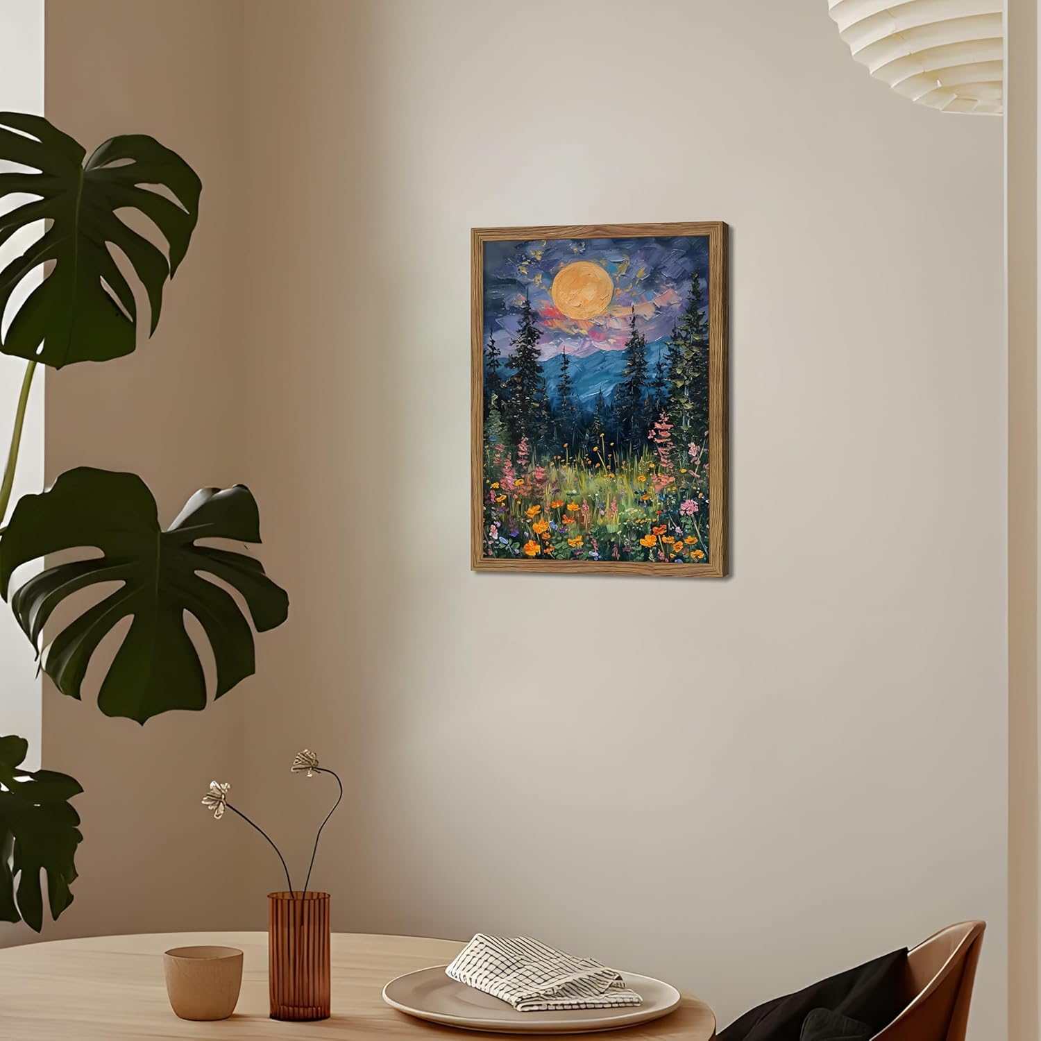 Framed Nature Forest Canvas Wall Art, Full Moon above Wildflowers and Woodland Painting, Midnight Floral Trees Art Print, Farmhouse Nature Wall Decor for Bedroom Living Room 12x16 inch