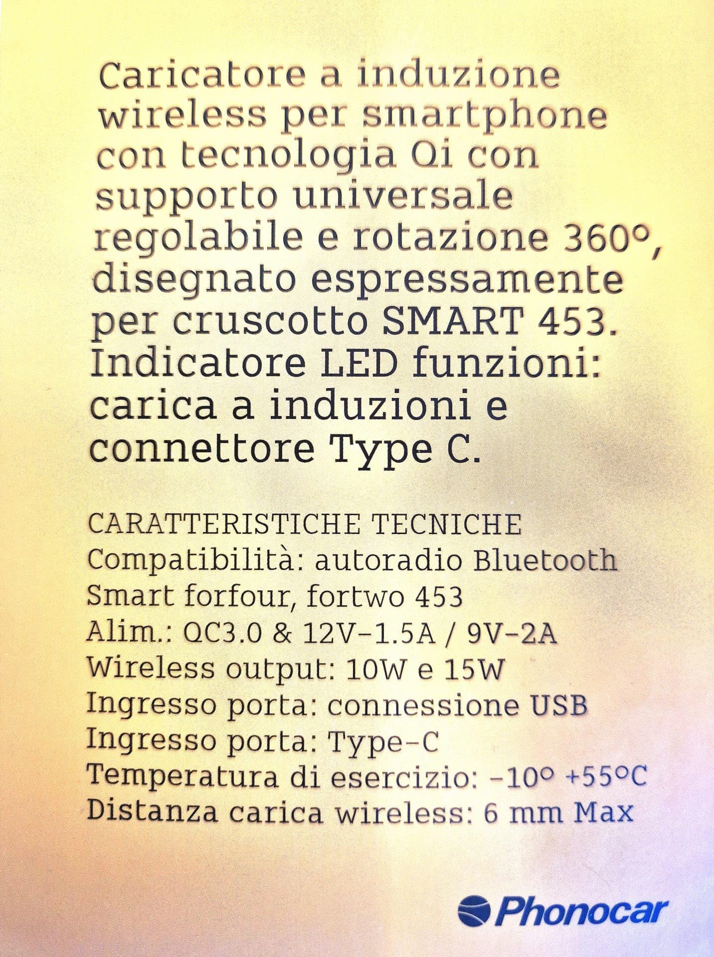 Caricatore a Induzione Wireless per Smartphone compatibile Smart 453 PME362